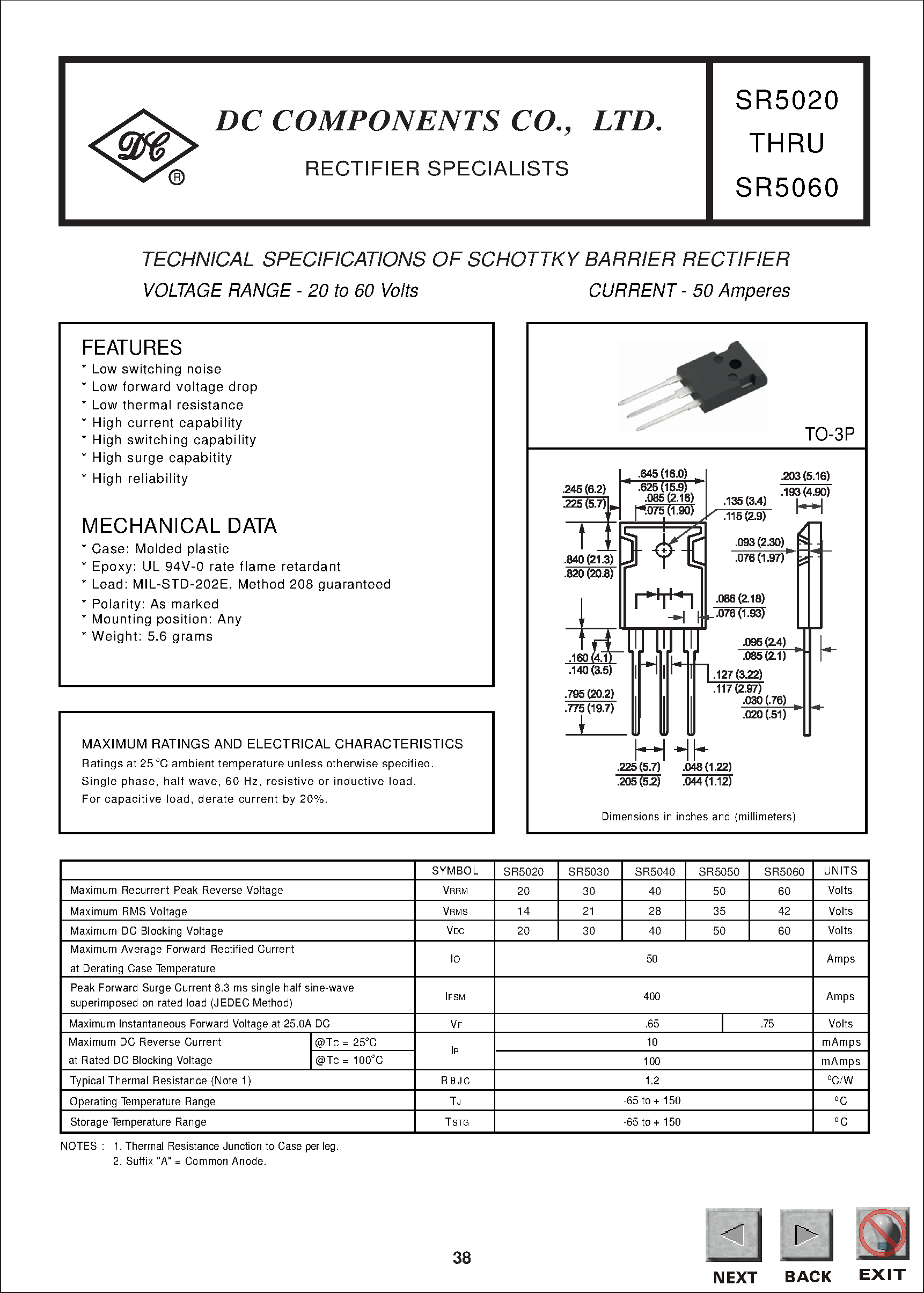 Datasheet SR5020 - TECHNICAL SPECIFICATIONS OF SCHOTTKY BARRIER RECTIFIER page 1