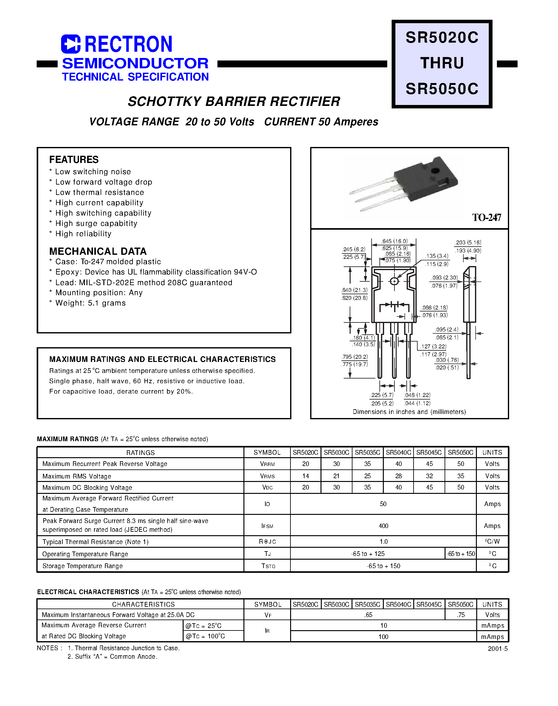Datasheet SR5020C - SCHOTTKY BARRIER RECTIFIER (VOLTAGE RANGE 20 to 50 Volts CURRENT 50 Amperes) page 1