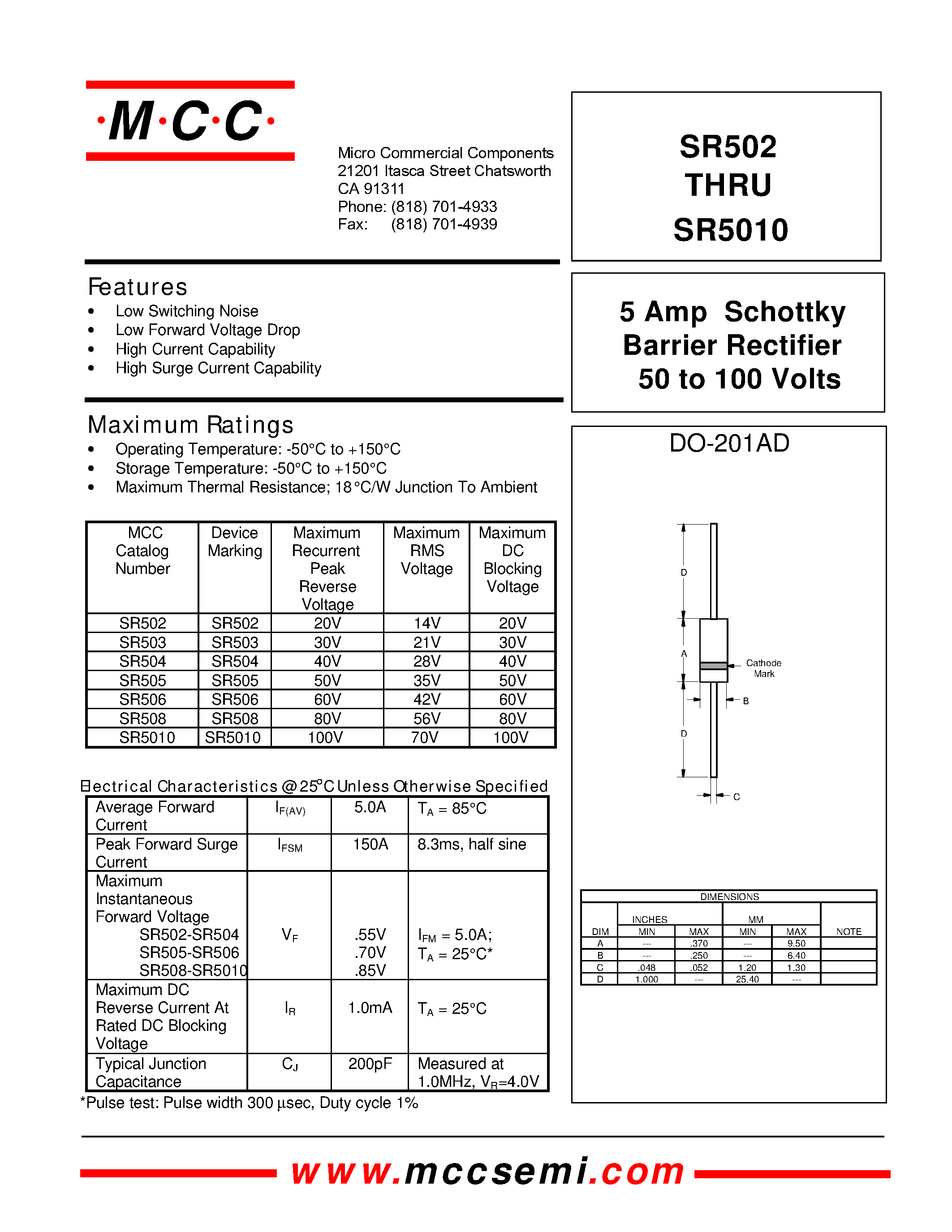 Datasheet SR506 - 5 Amp Schottky Barrier Rectifier 50 to 100 Volts page 1