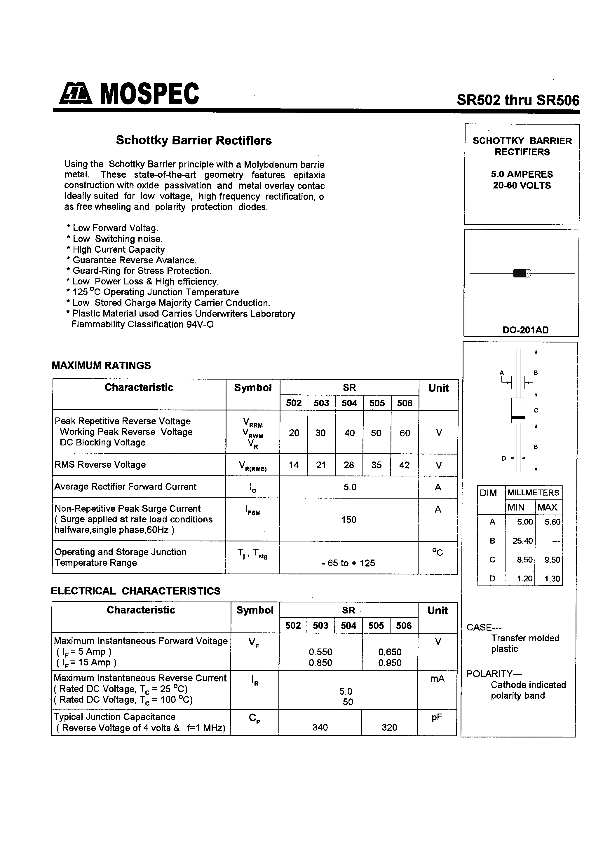 Datasheet SR506 page 1 Datasheet SR506 - SCHOTTKY BARRIER RECTIFIERS(5.0A /20-60V) page 1