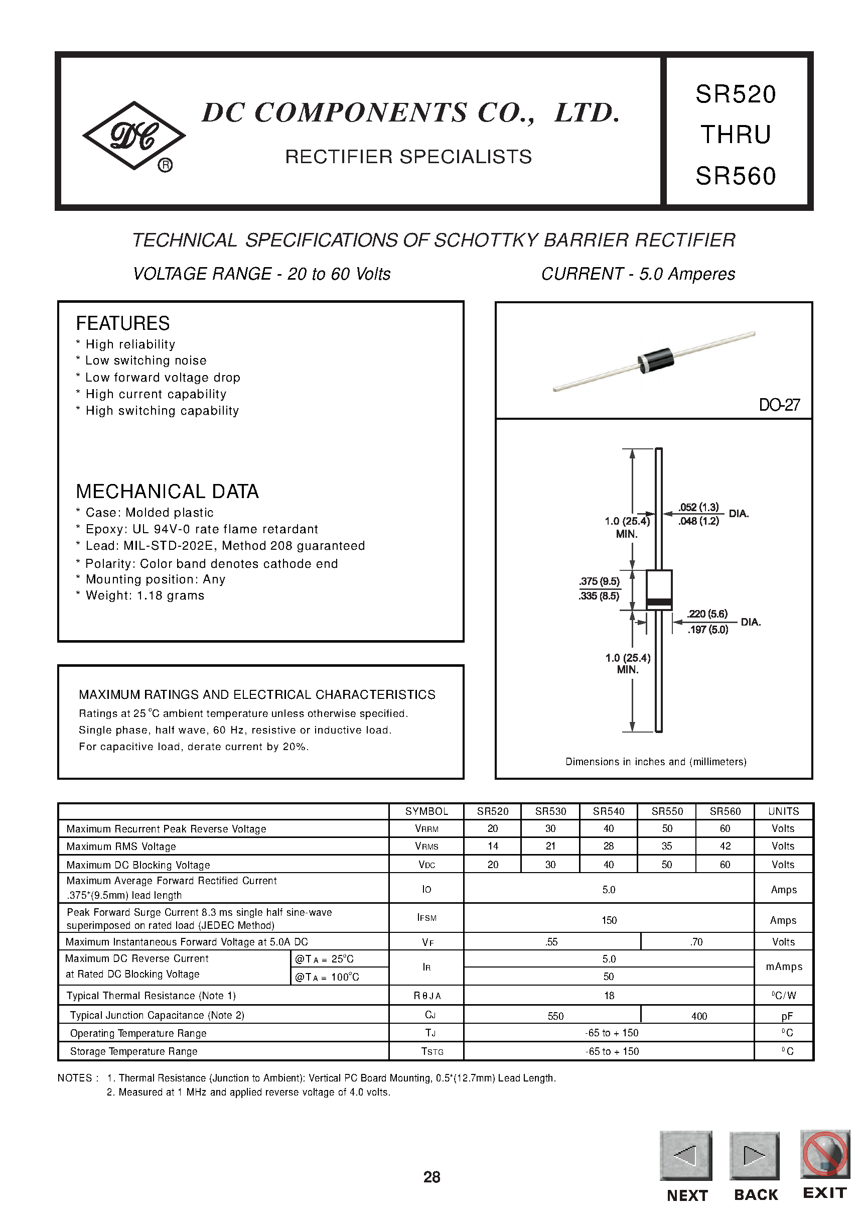 Datasheet SR520 page 1 Datasheet SR520 - TECHNICAL SPECIFICATIONS OF SCHOTTKY BARRIER RECTIFIER page 1