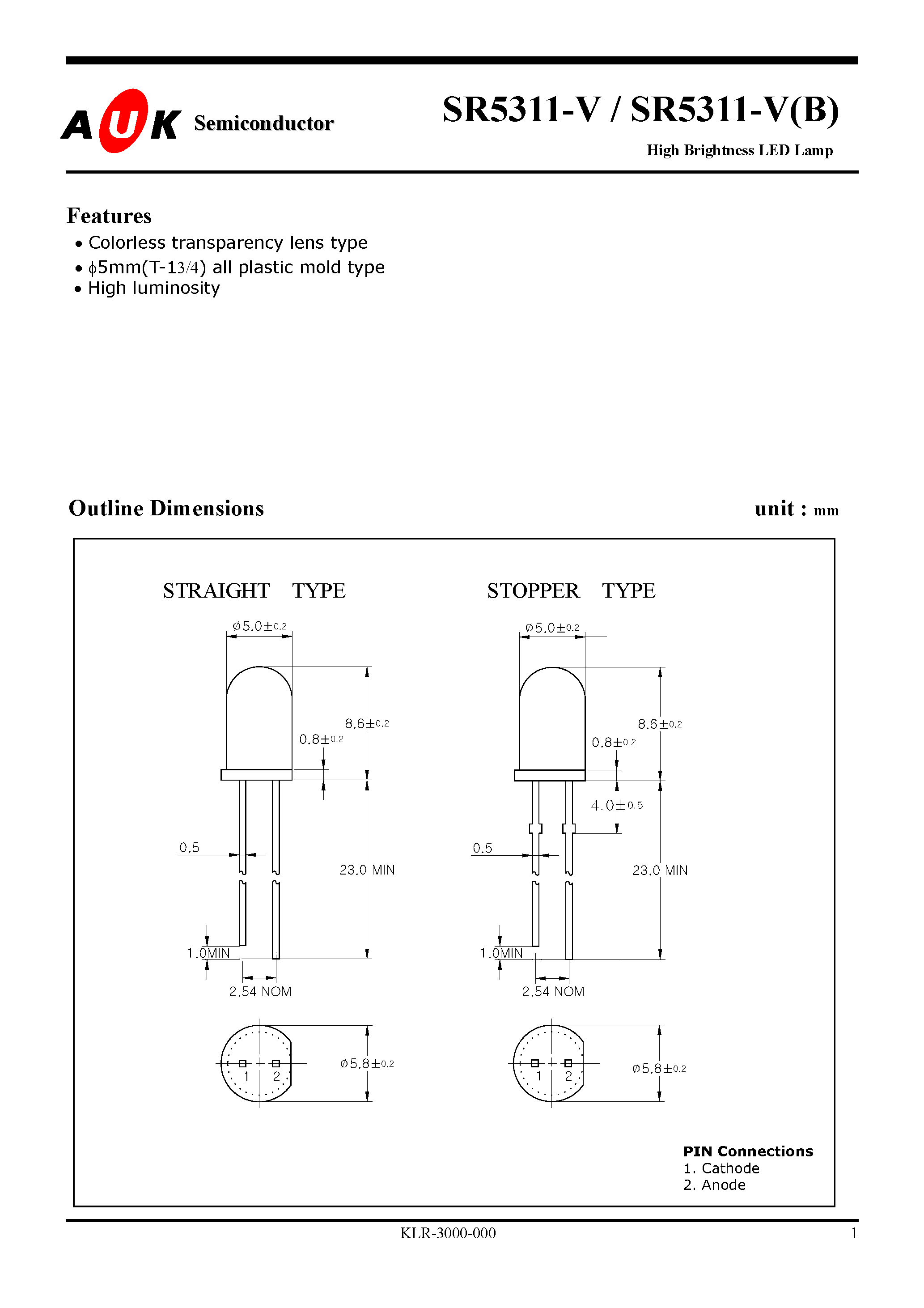 Datasheet SR5311-V(B) page 1 Datasheet SR5311-V(B) - High Brightness LED Lamp page 1