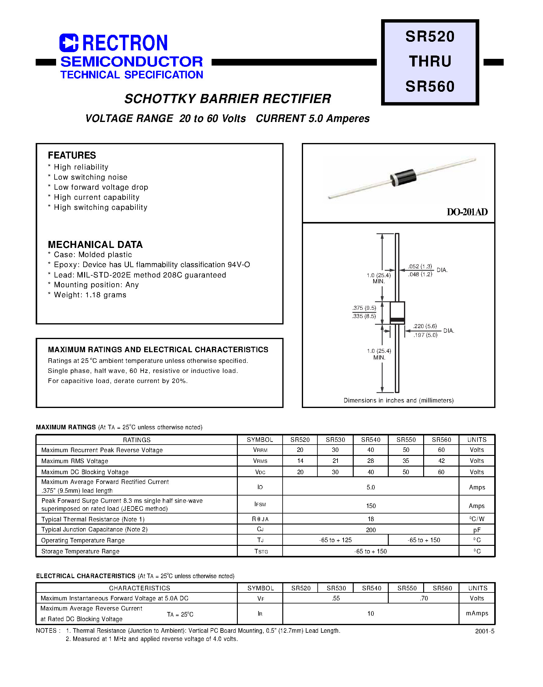 Datasheet SR540 - SCHOTTKY BARRIER RECTIFIER (VOLTAGE RANGE 20 to 60 Volts CURRENT 5.0 Amperes) page 1