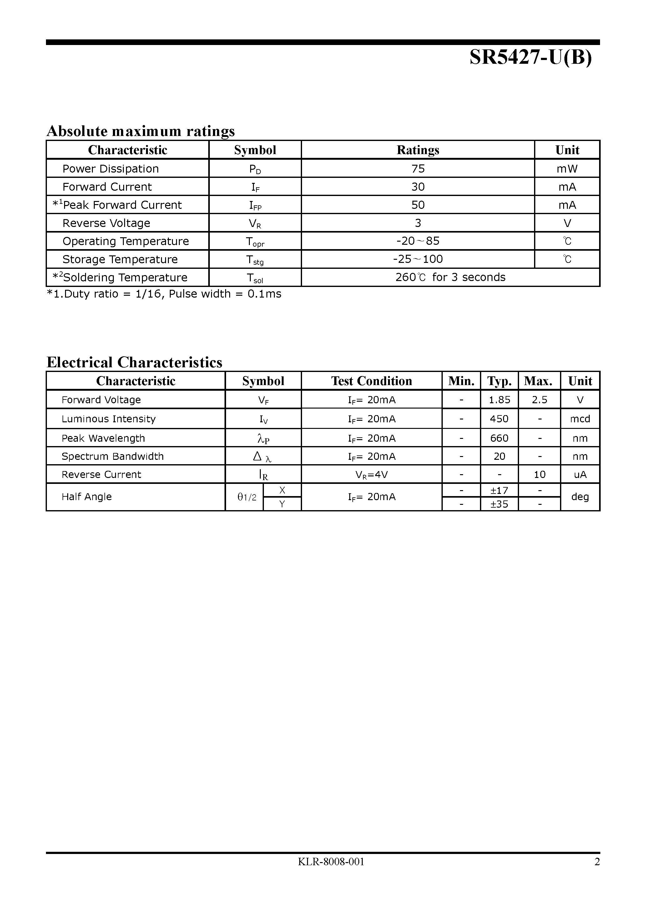 Datasheet SR5427-U - High Brightness LED Lamp page 2