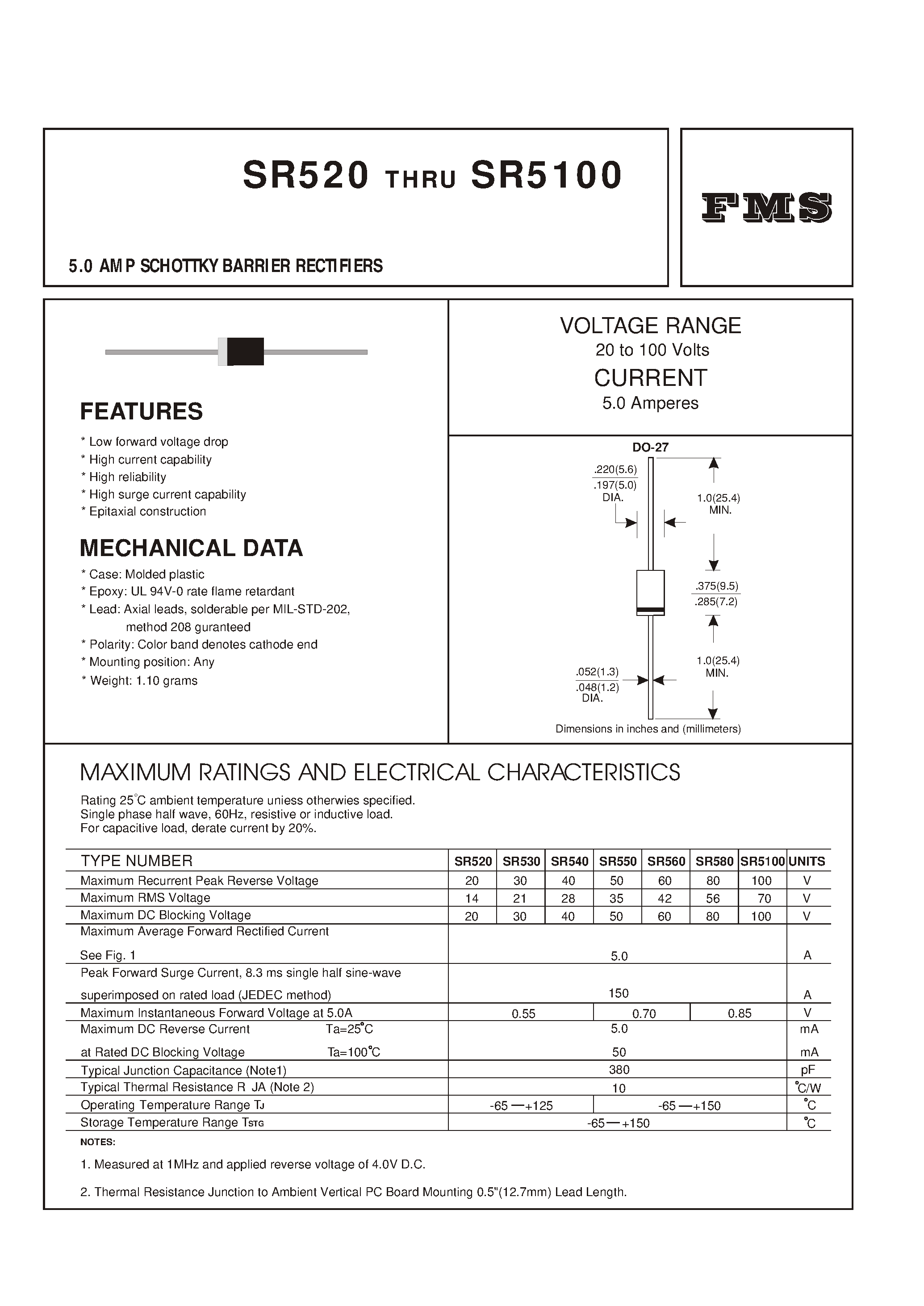 Datasheet SR580 - 5.0 AMP SCHOTTKY BARRIER RECTIFIERS page 1