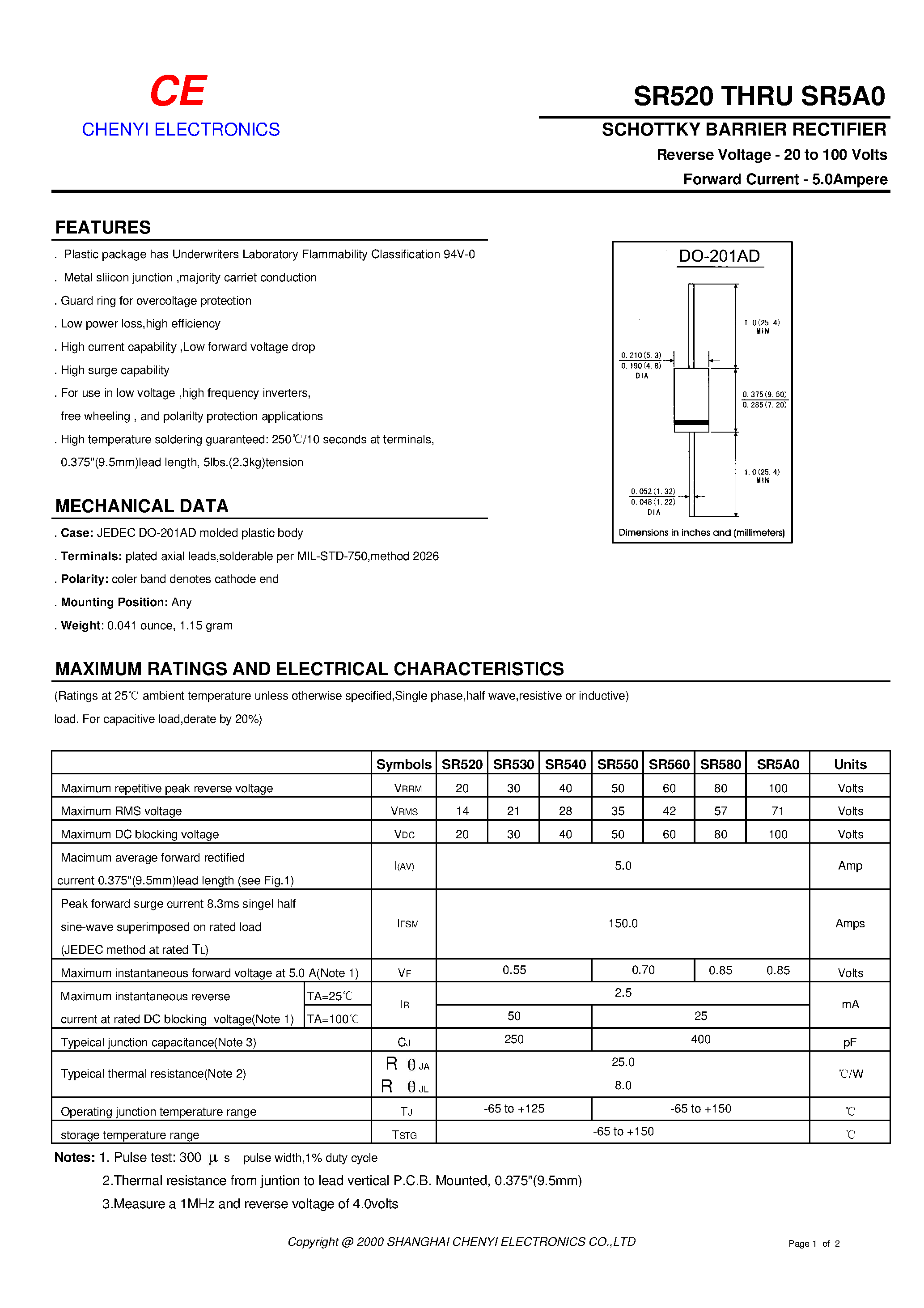 Datasheet SR5A0 page 1 Datasheet SR5A0 - SCHOTTKY BARRIER RECTIFIER page 1