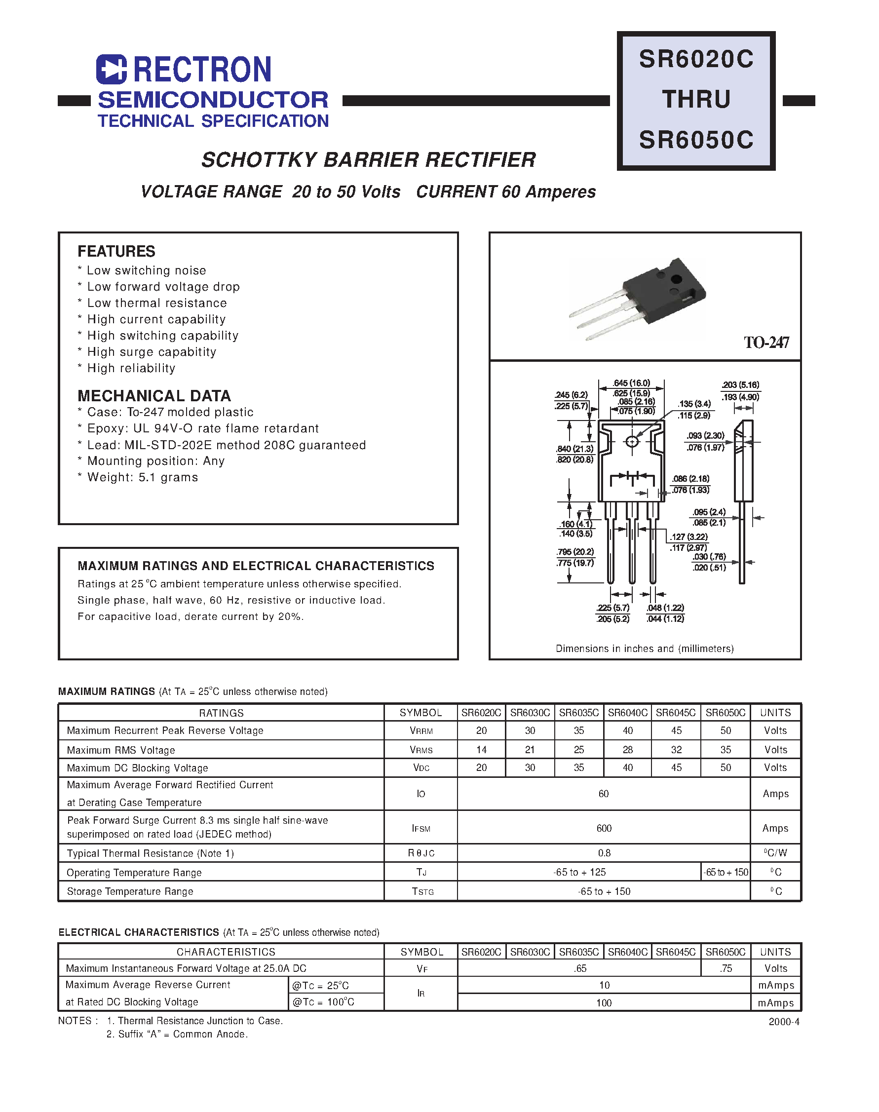 Datasheet SR6045C page 1 Datasheet SR6045C - SCHOTTKY BARRIER RECTIFIER (VOLTAGE RANGE 20 to 50 Volts CURRENT 60 Amperes) page 1