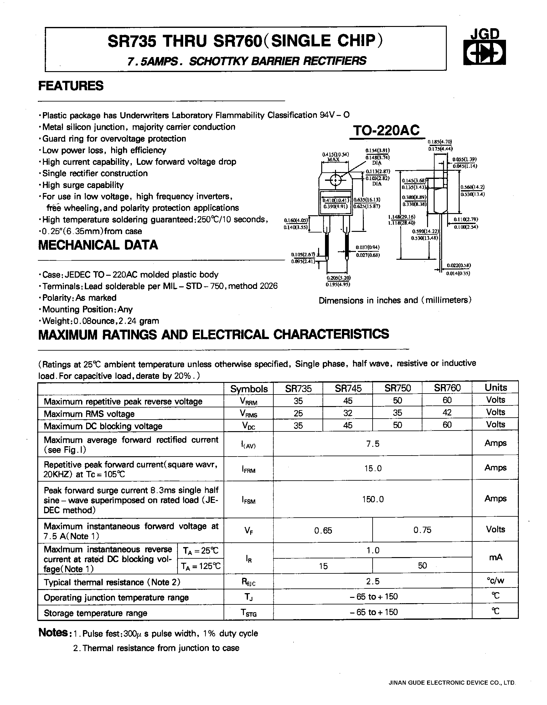 Datasheet SR760 page 1 Datasheet SR760 - 7.5 AMPS. SCHOTTKY BARRIER RECTIFIERS page 1