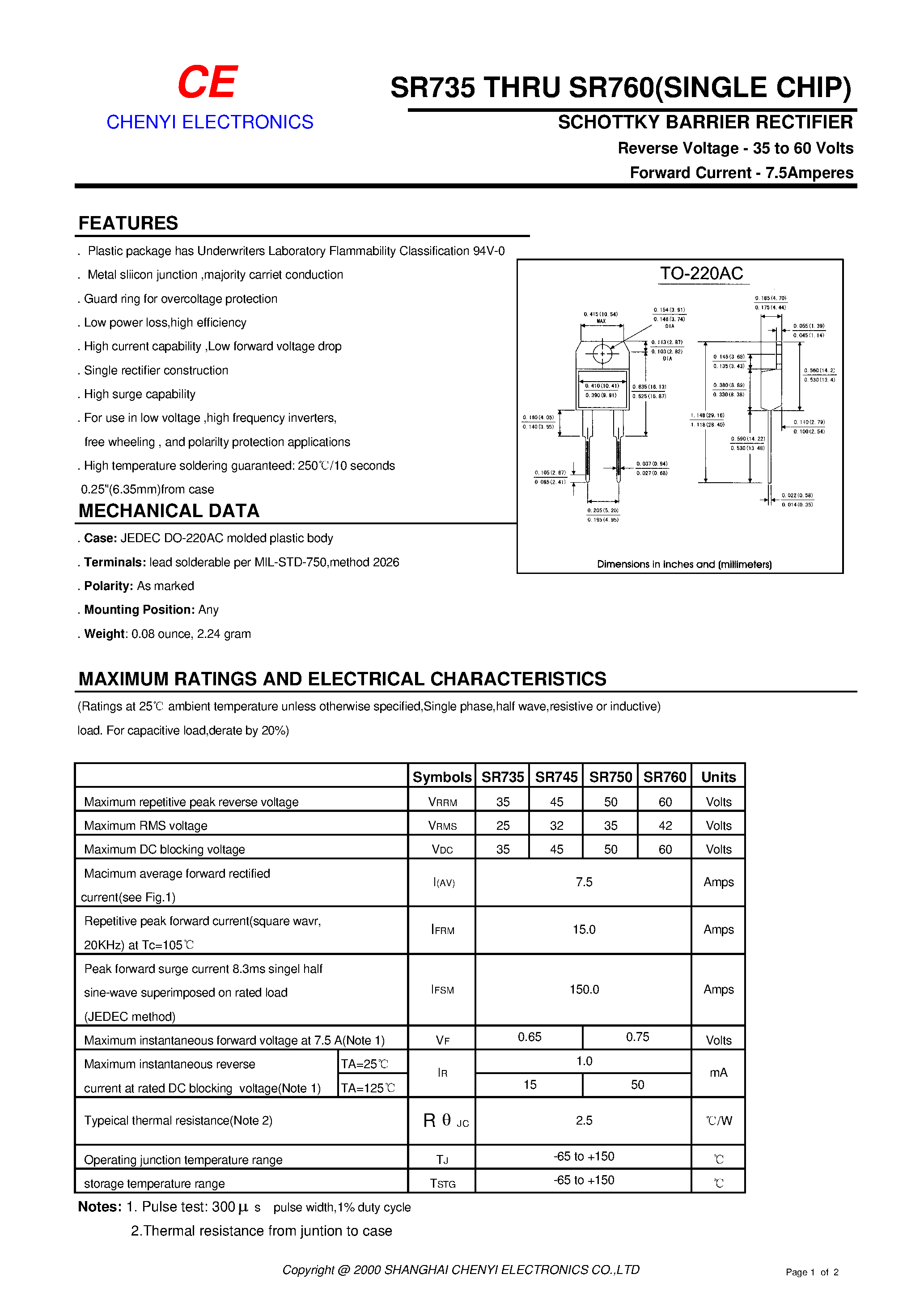 Datasheet SR760 page 1 Datasheet SR760 - SCHOTTKY BARRIER RECTIFIER page 1