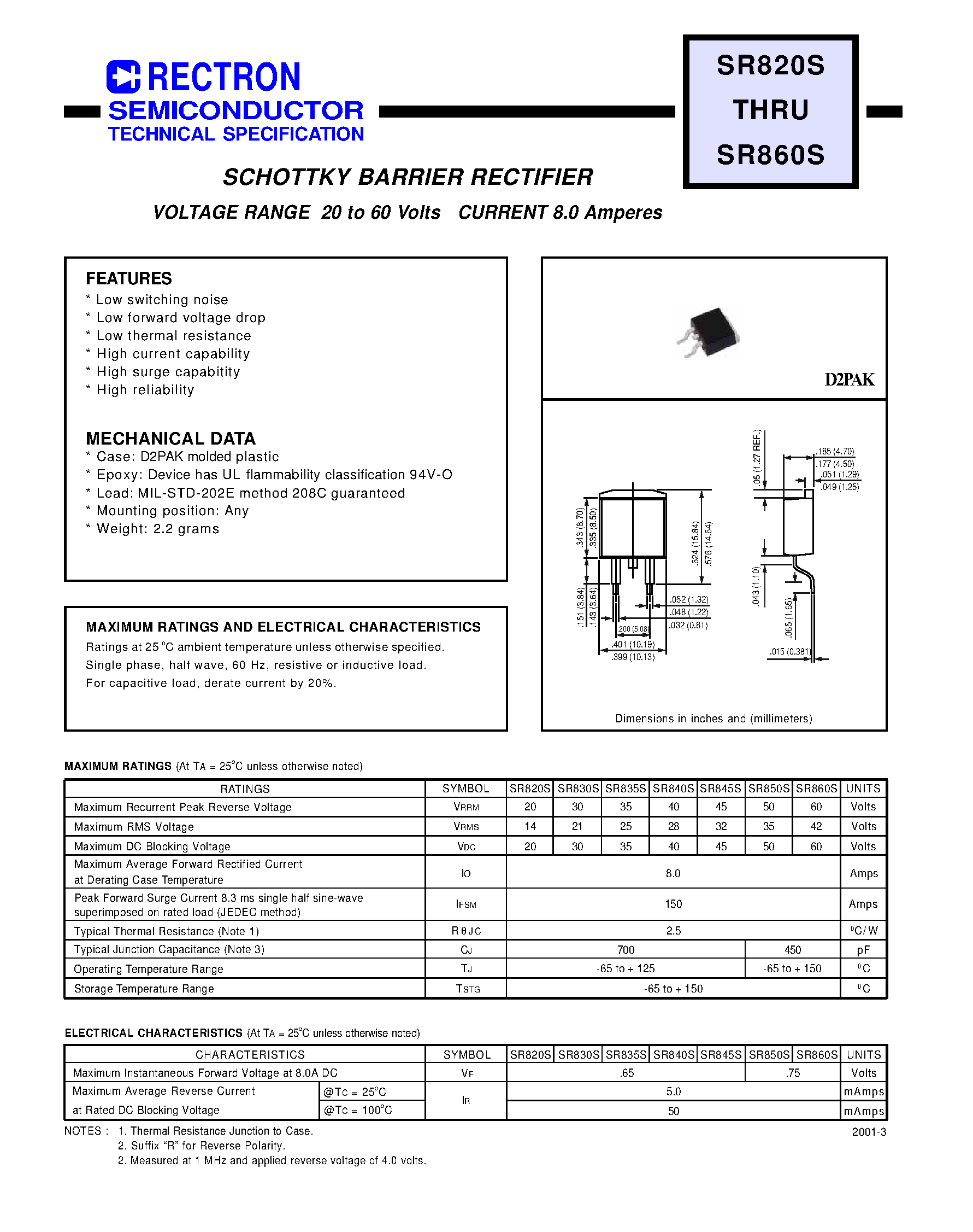 Datasheet SR830S - SCHOTTKY BARRIER RECTIFIER (VOLTAGE RANGE 20 to 60 Volts CURRENT 8.0 Amperes) page 1