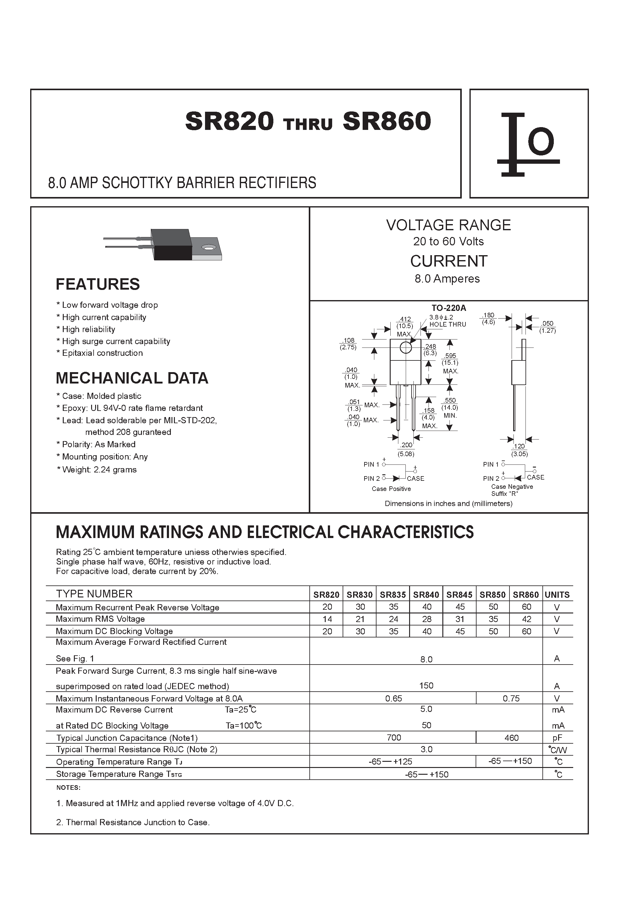 Datasheet SR835 - 8.0 AMP SCHOTTKY BARRIER RECTIFIERS page 1