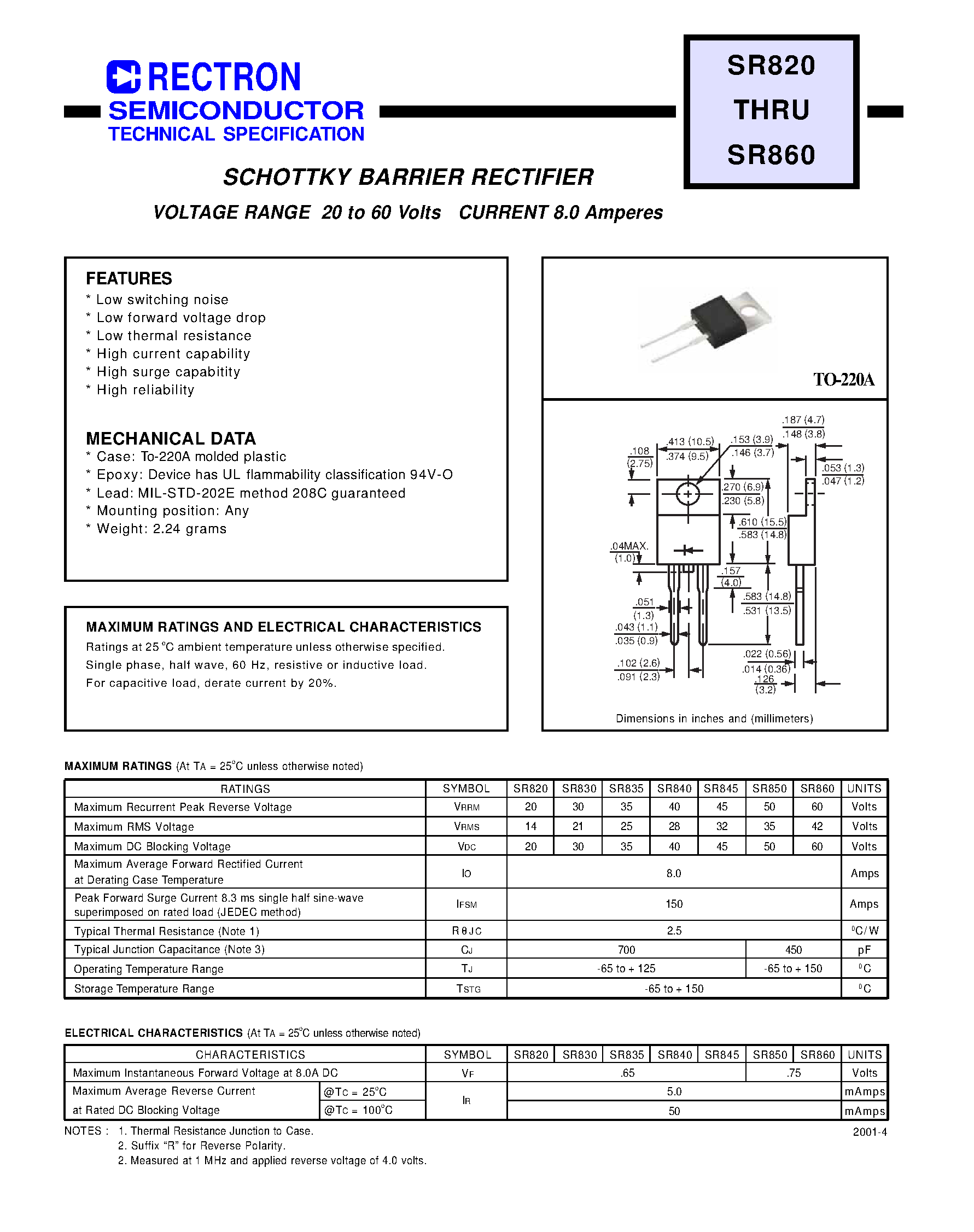 Datasheet SR860 - SCHOTTKY BARRIER RECTIFIER (VOLTAGE RANGE 20 to 60 Volts CURRENT 8.0 Amperes) page 1
