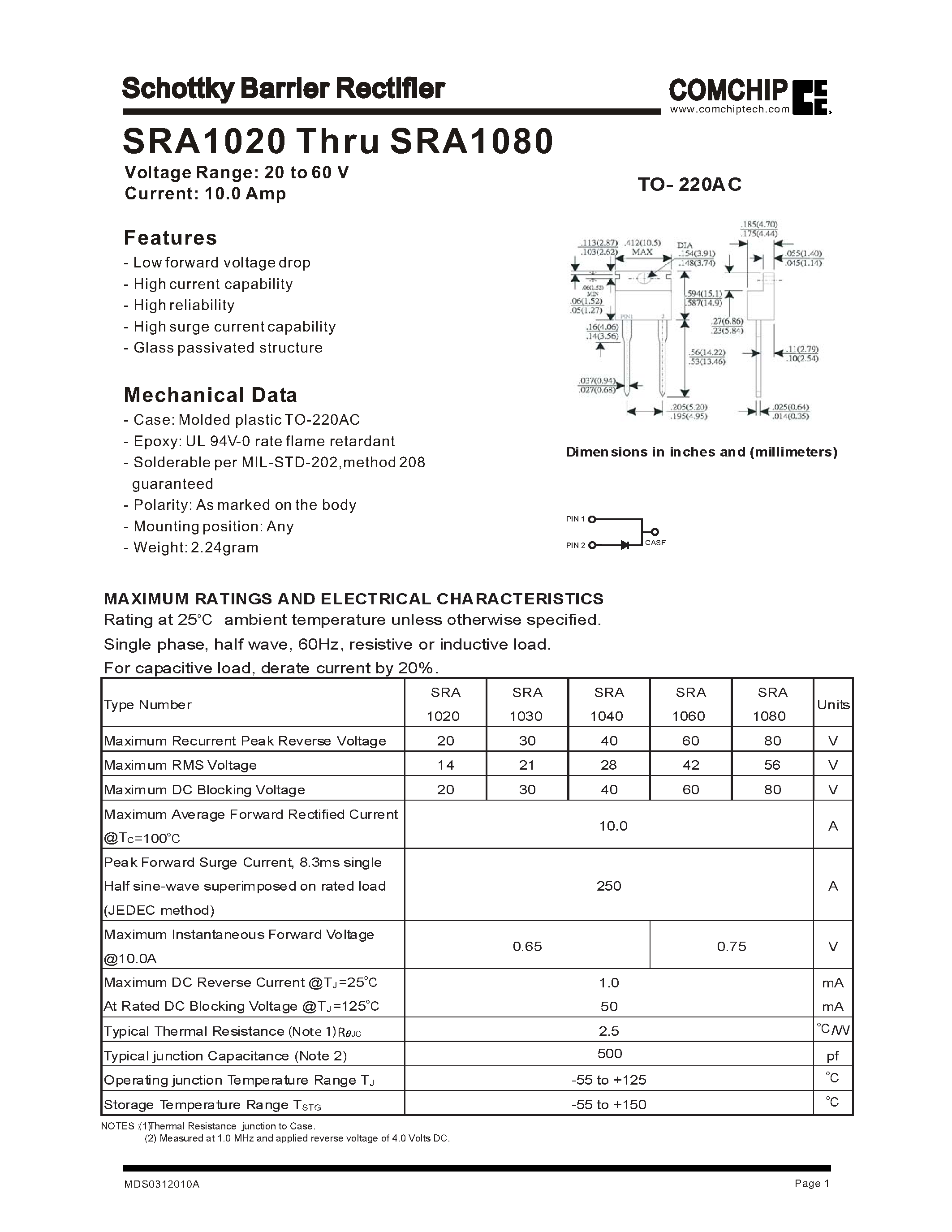 Datasheet SRA1080 page 1 Datasheet SRA1080 - Schottky Barrier Rectifier page 1