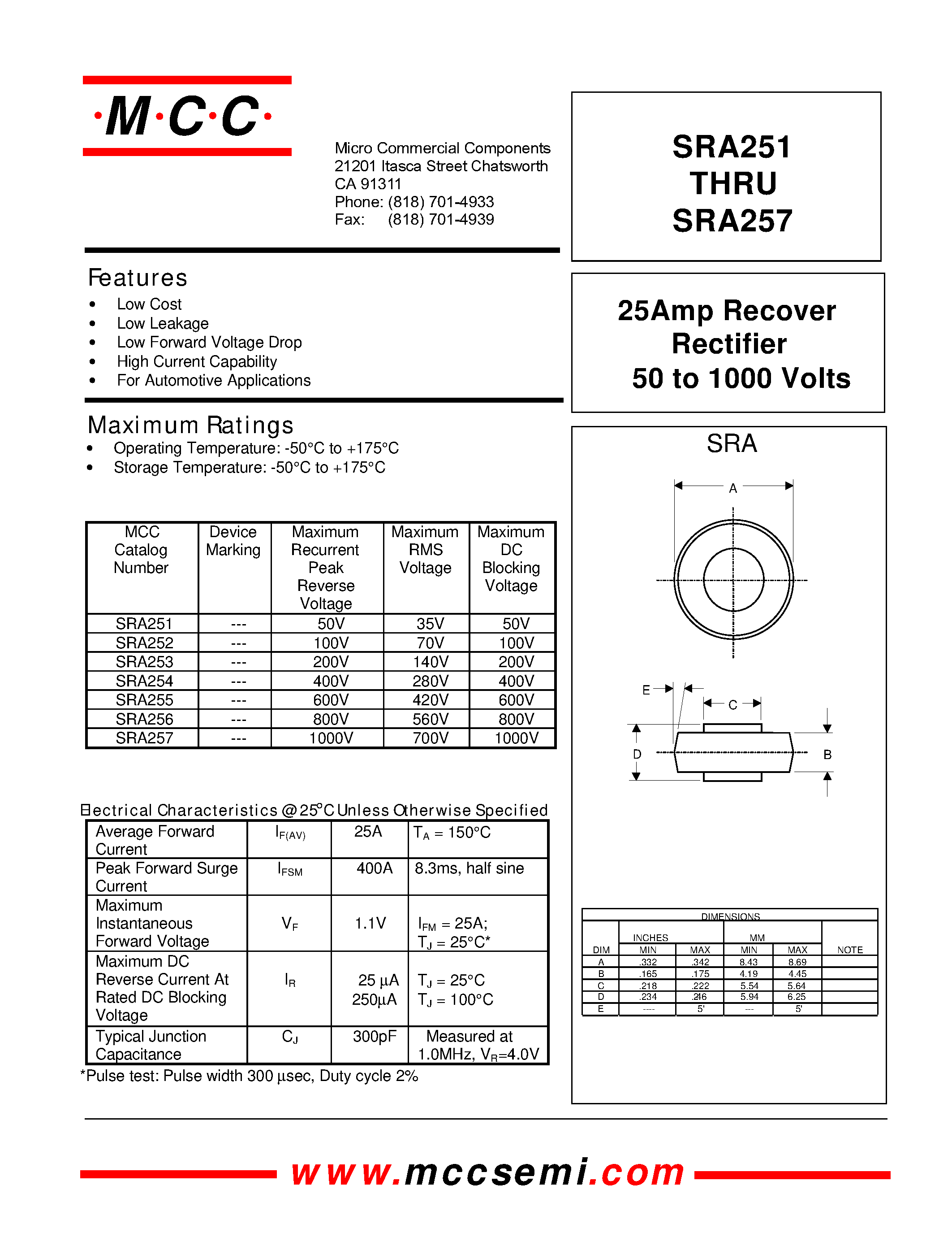 Datasheet SRA255 page 1 Datasheet SRA255 - 25Amp Recover Rectifier 50 to 1000 Volts page 1
