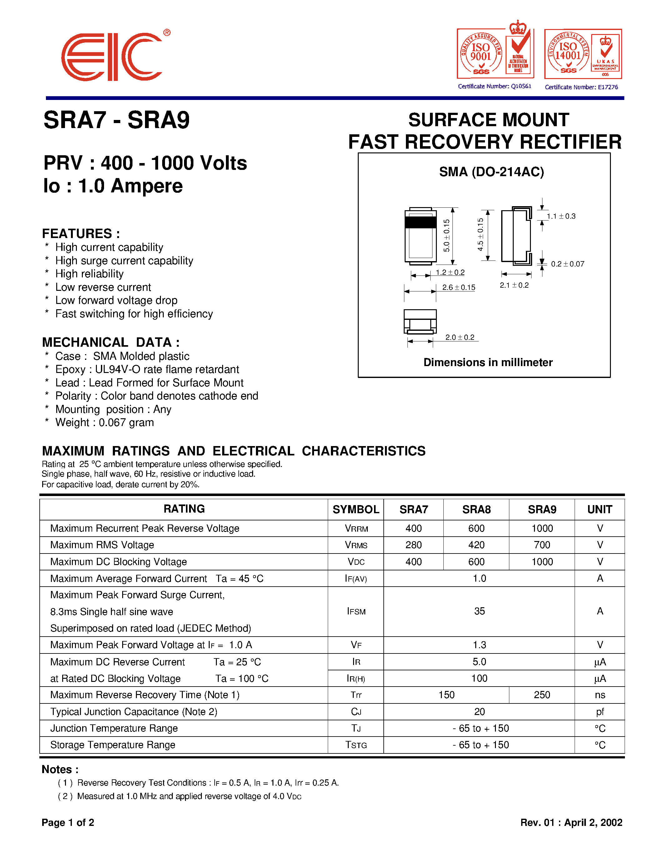 Datasheet SRA8 page 1 Datasheet SRA8 - SURFACE MOUNT FAST RECOVERY RECTIFIER page 1