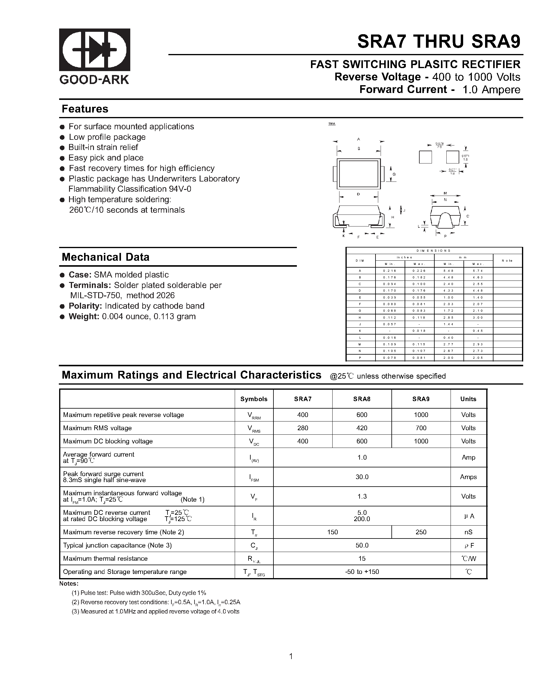 Datasheet SRA9 - FAST SWITCHING PLASITC RECTIFIER page 1