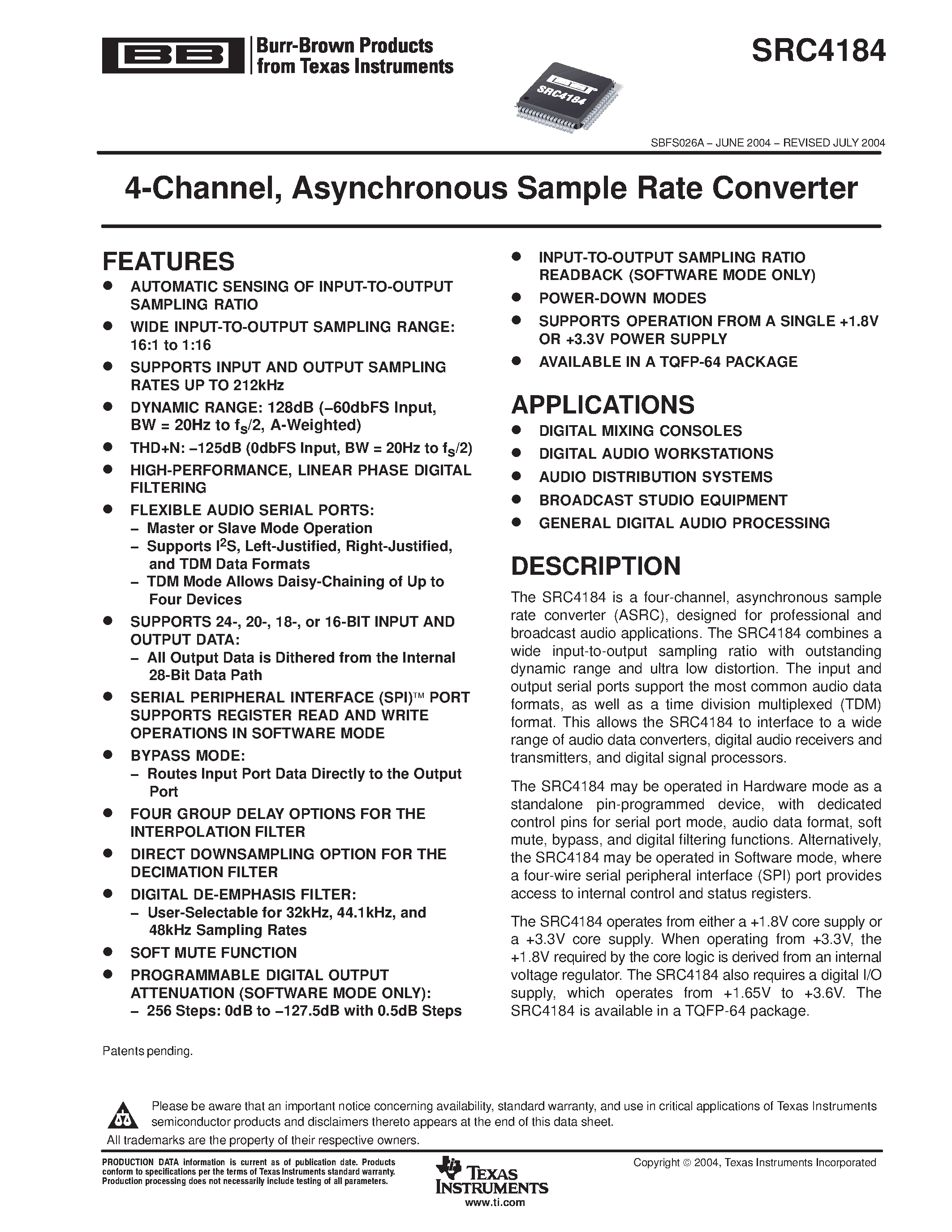 Datasheet SRC4184 - 4-Channel / Asynchronous Sample Rate Converter page 1