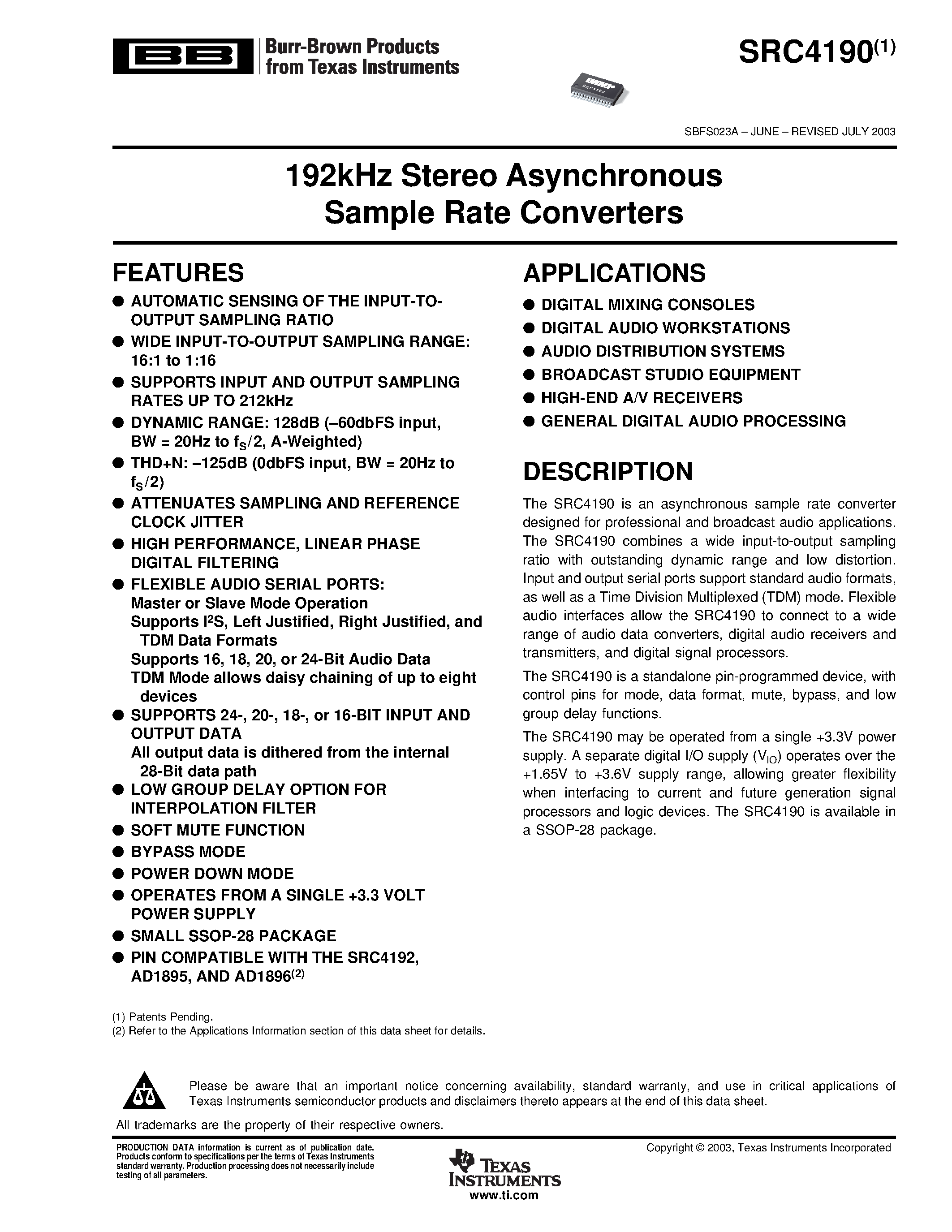 Даташит SRC4190 - 192kHz Stereo Asynchronous Sample Rate Converters страница 1