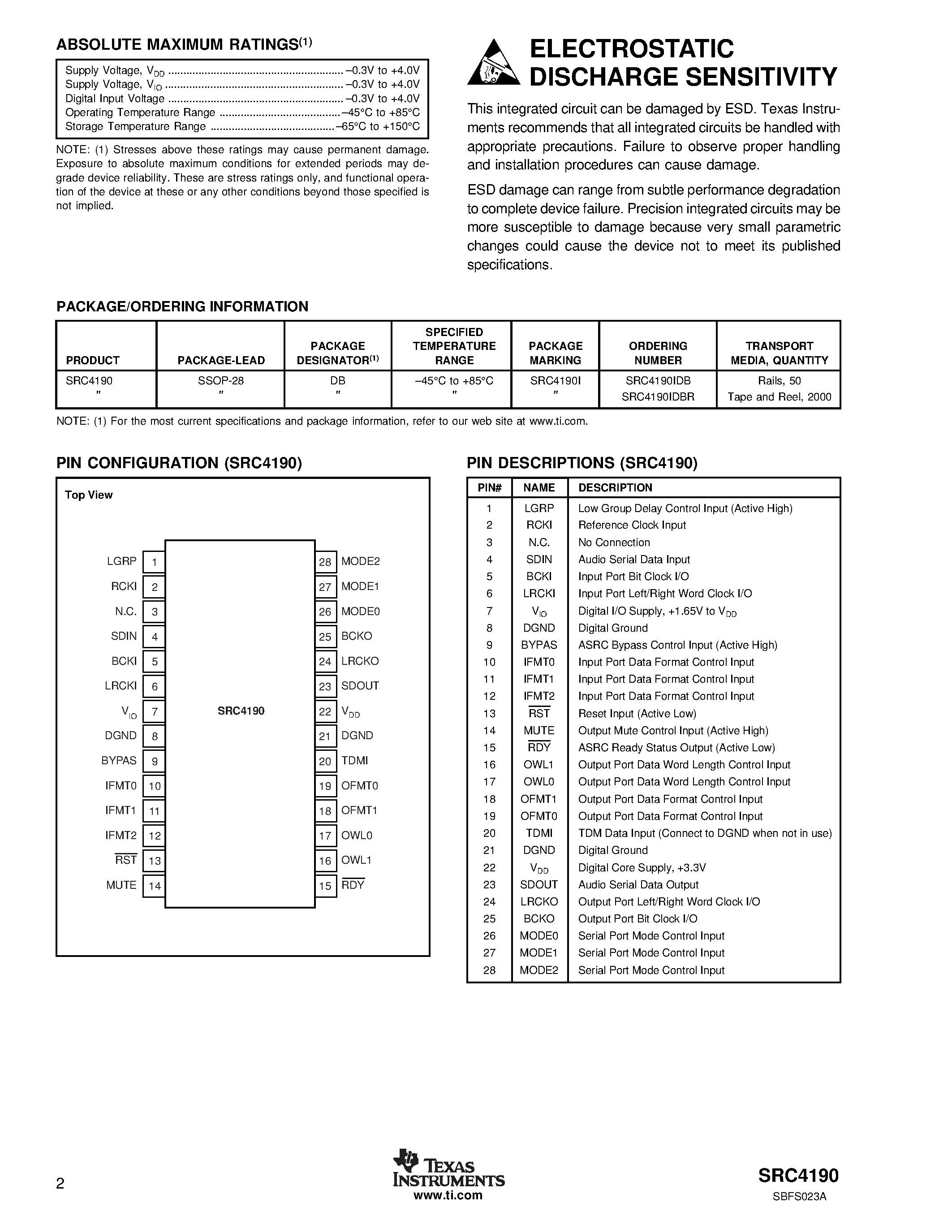 Даташит SRC4190 - 192kHz Stereo Asynchronous Sample Rate Converters страница 2