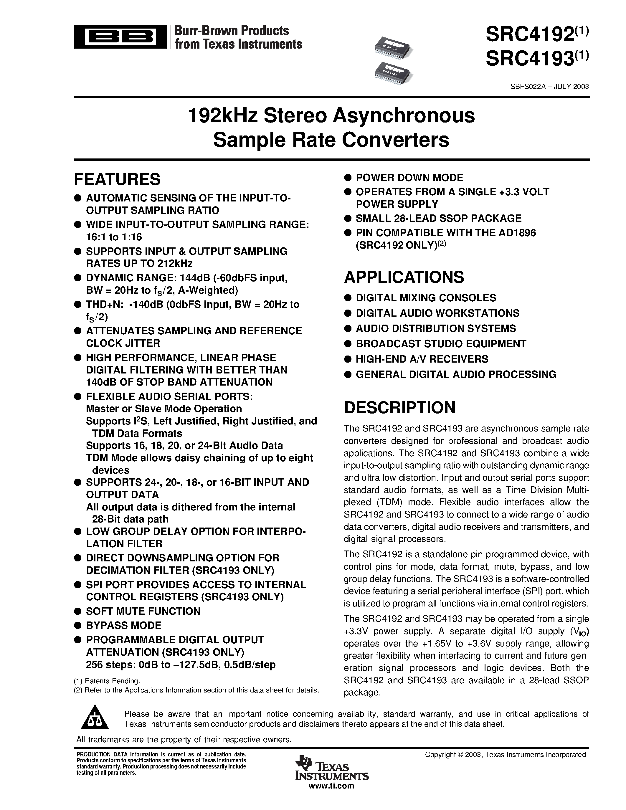 Даташит SRC4193 - 192kHz Stereo Asynchronous Sample Rate Converters страница 1
