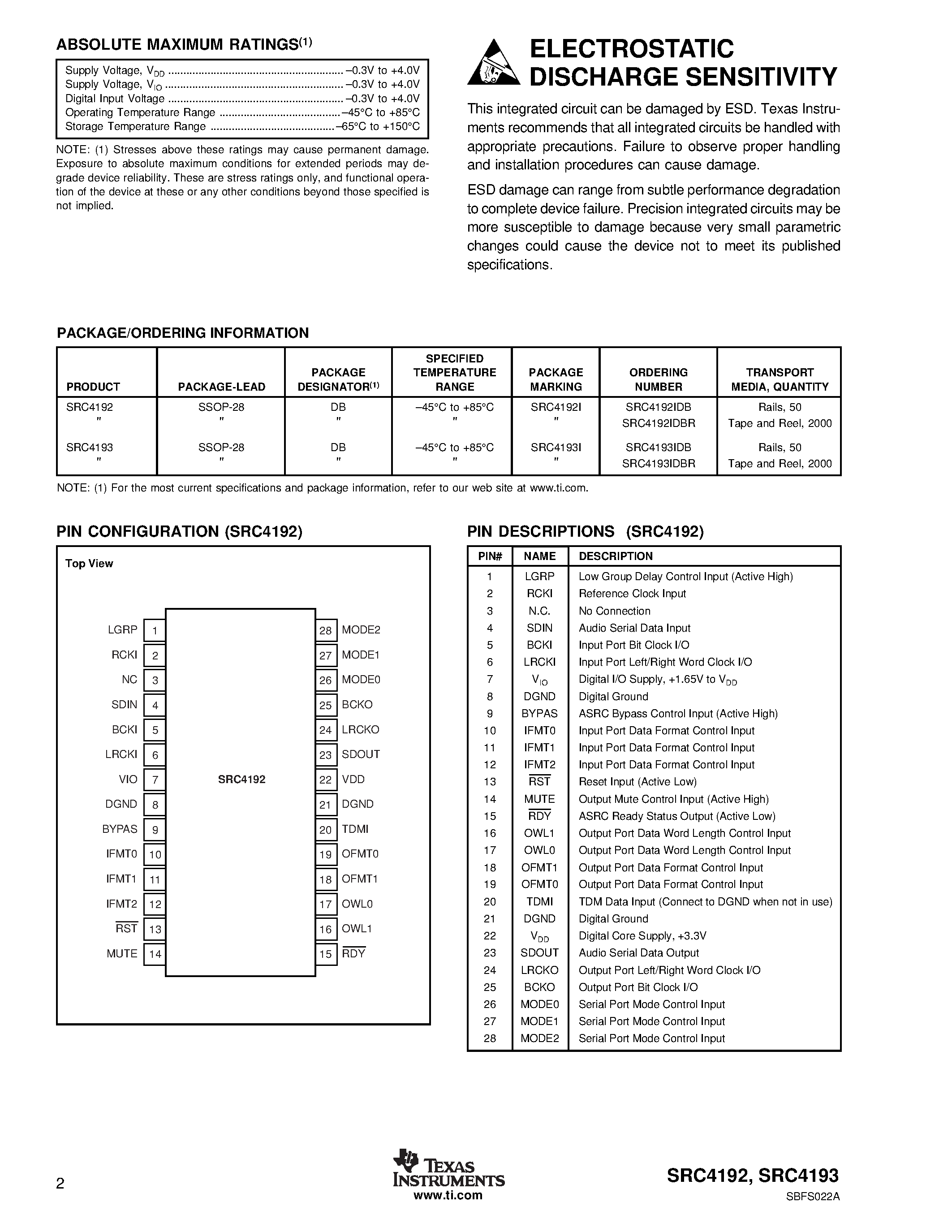 Даташит SRC4193 - 192kHz Stereo Asynchronous Sample Rate Converters страница 2