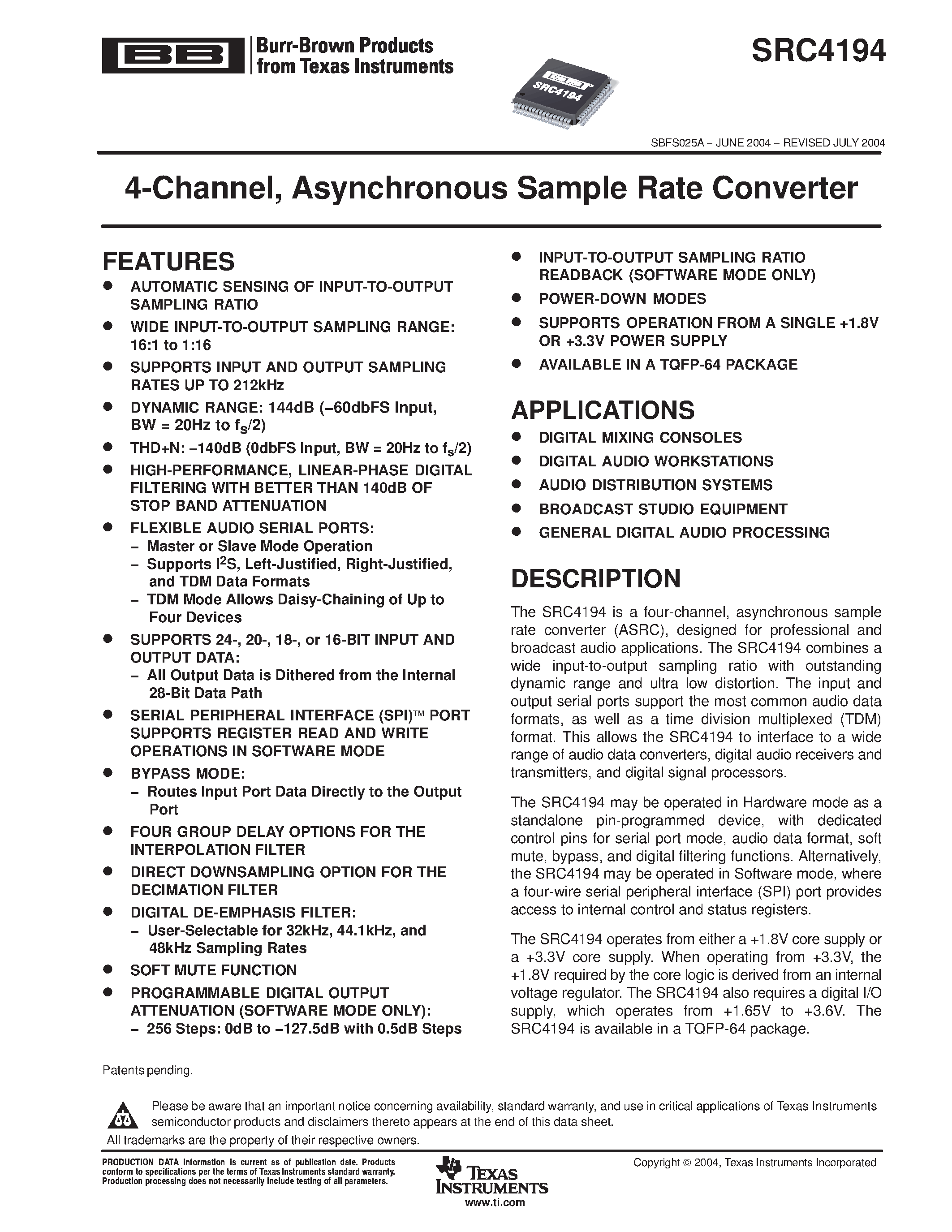 Datasheet SRC4194 - 4-Channel / Asynchronous Sample Rate Converter page 1