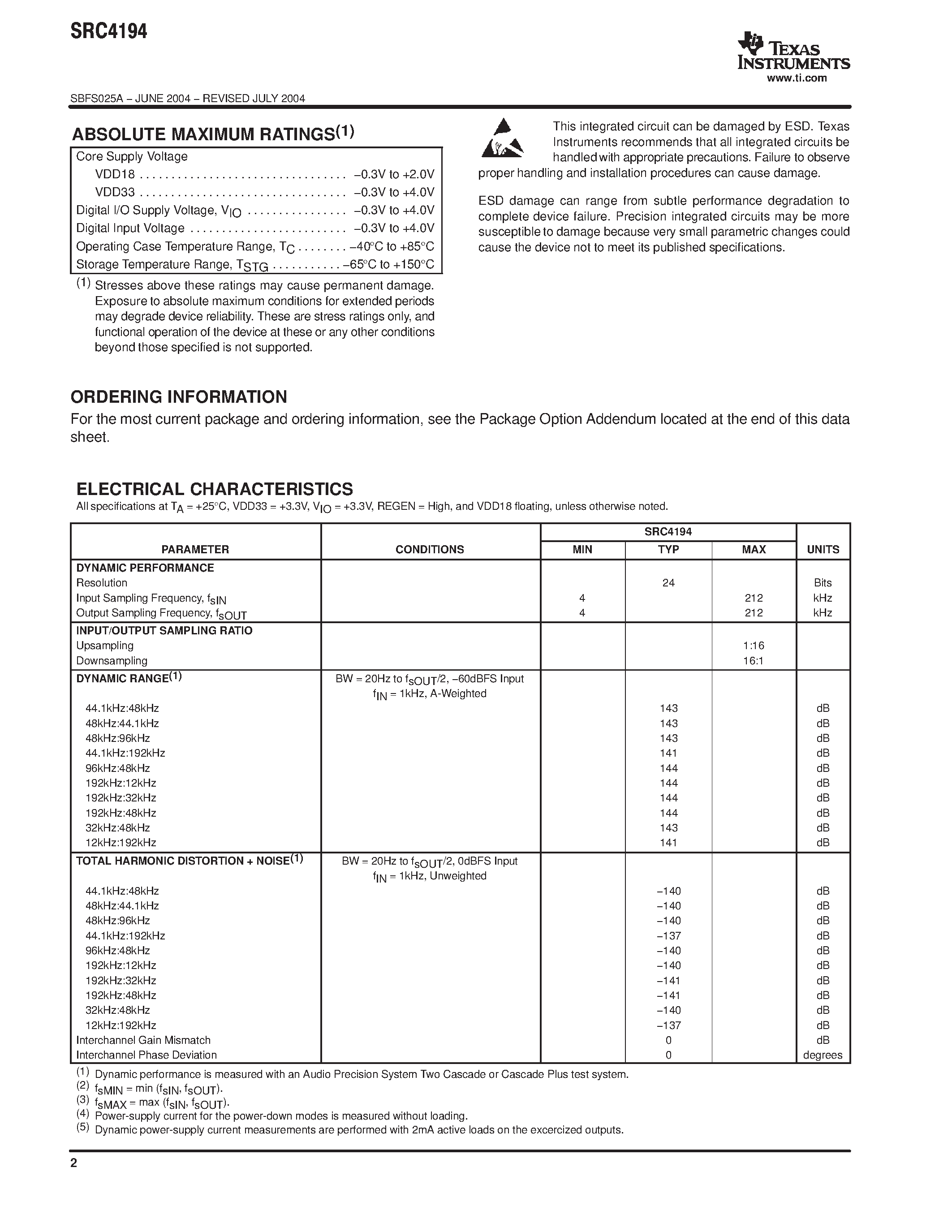 Datasheet SRC4194 - 4-Channel / Asynchronous Sample Rate Converter page 2