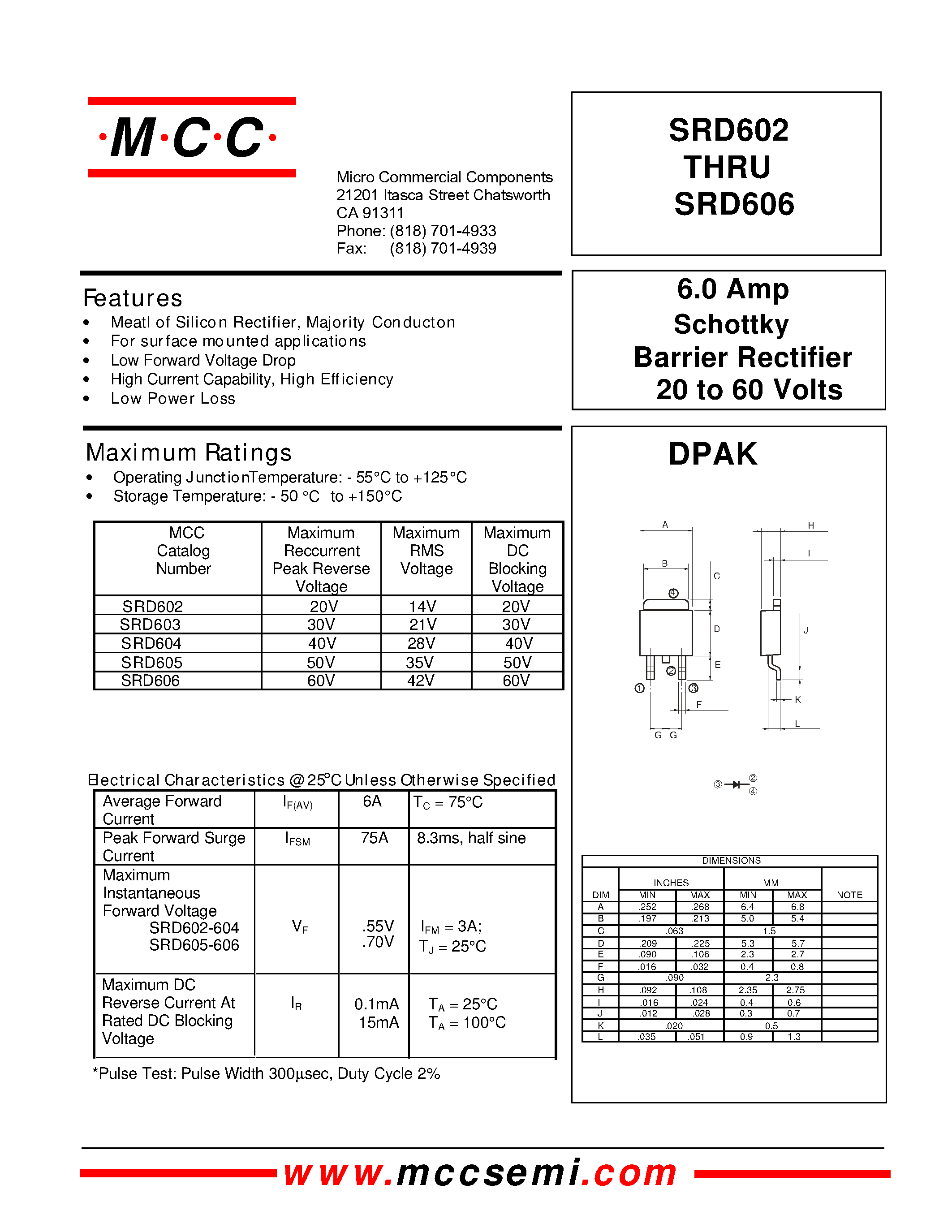 Datasheet SRD604 - Schottky Barrier Rectifier 20 to 60 Volts 6.0 Amp page 1
