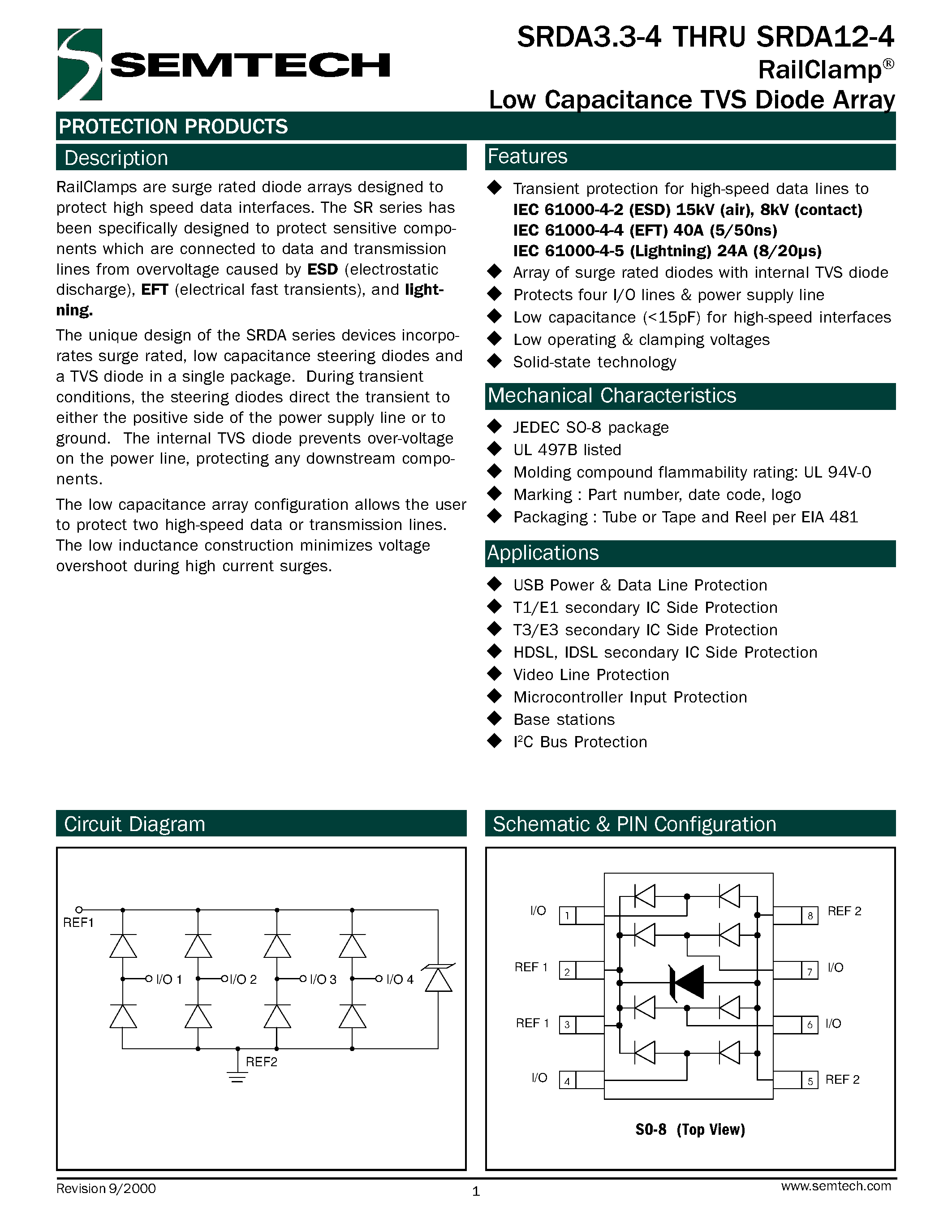 Datasheet SRDA3.3-4 - RailClamp Low Capacitance TVS Diode Array page 1