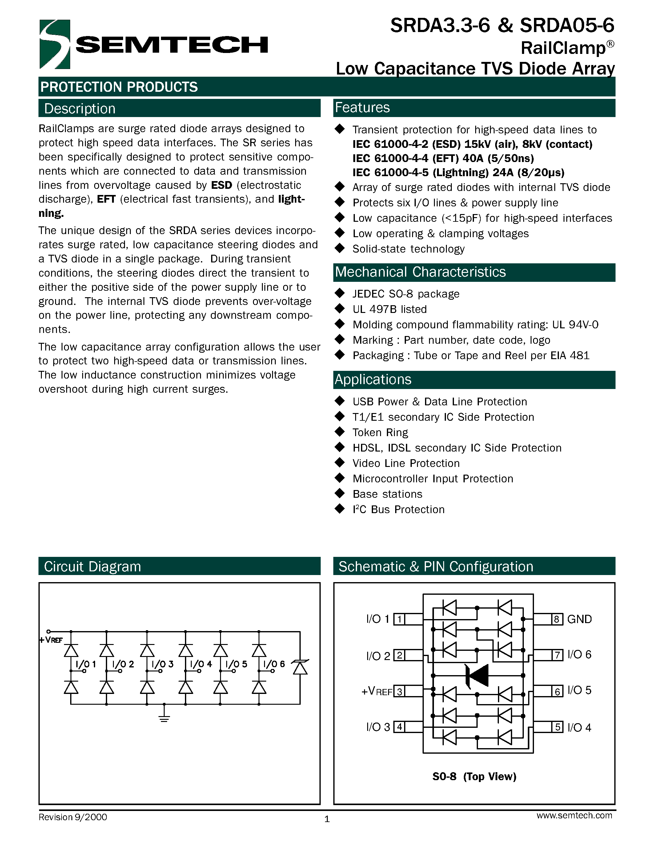 Datasheet SRDA3.3-6 page 1 Datasheet SRDA3.3-6 - RailClamp Low Capacitance TVS Diode Array page 1