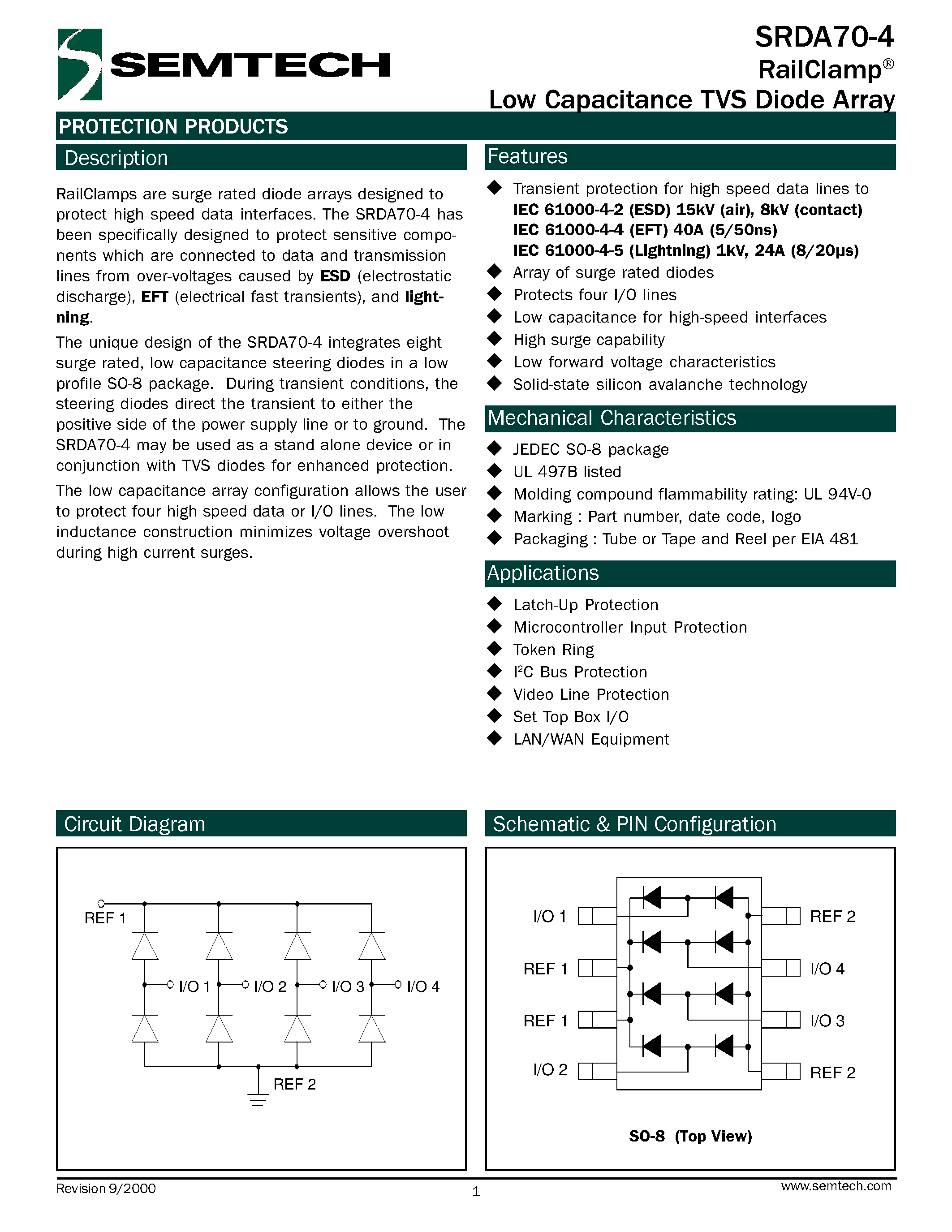 Datasheet SRDA70-4 page 1 Datasheet SRDA70-4 - RailClamp Low Capacitance TVS Diode Array page 1