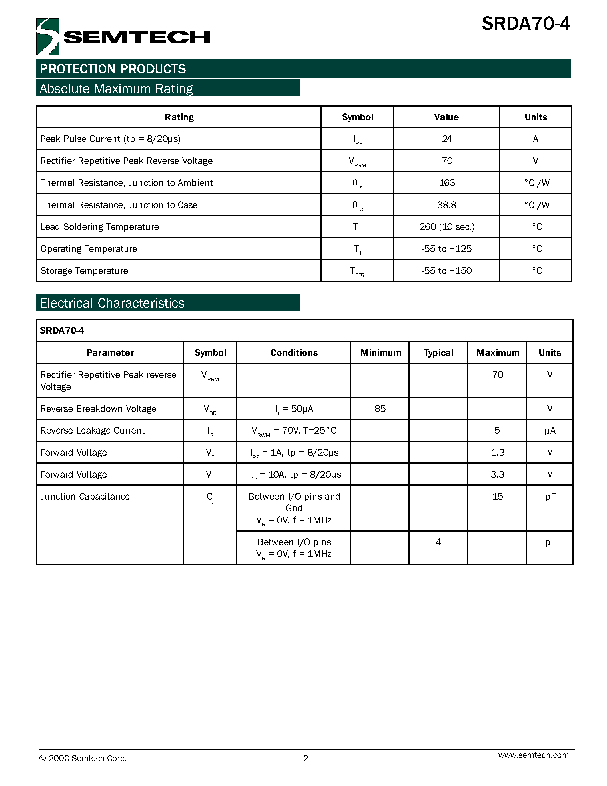 Datasheet SRDA70-4 page 2 Datasheet SRDA70-4 - RailClamp Low Capacitance TVS Diode Array page 2