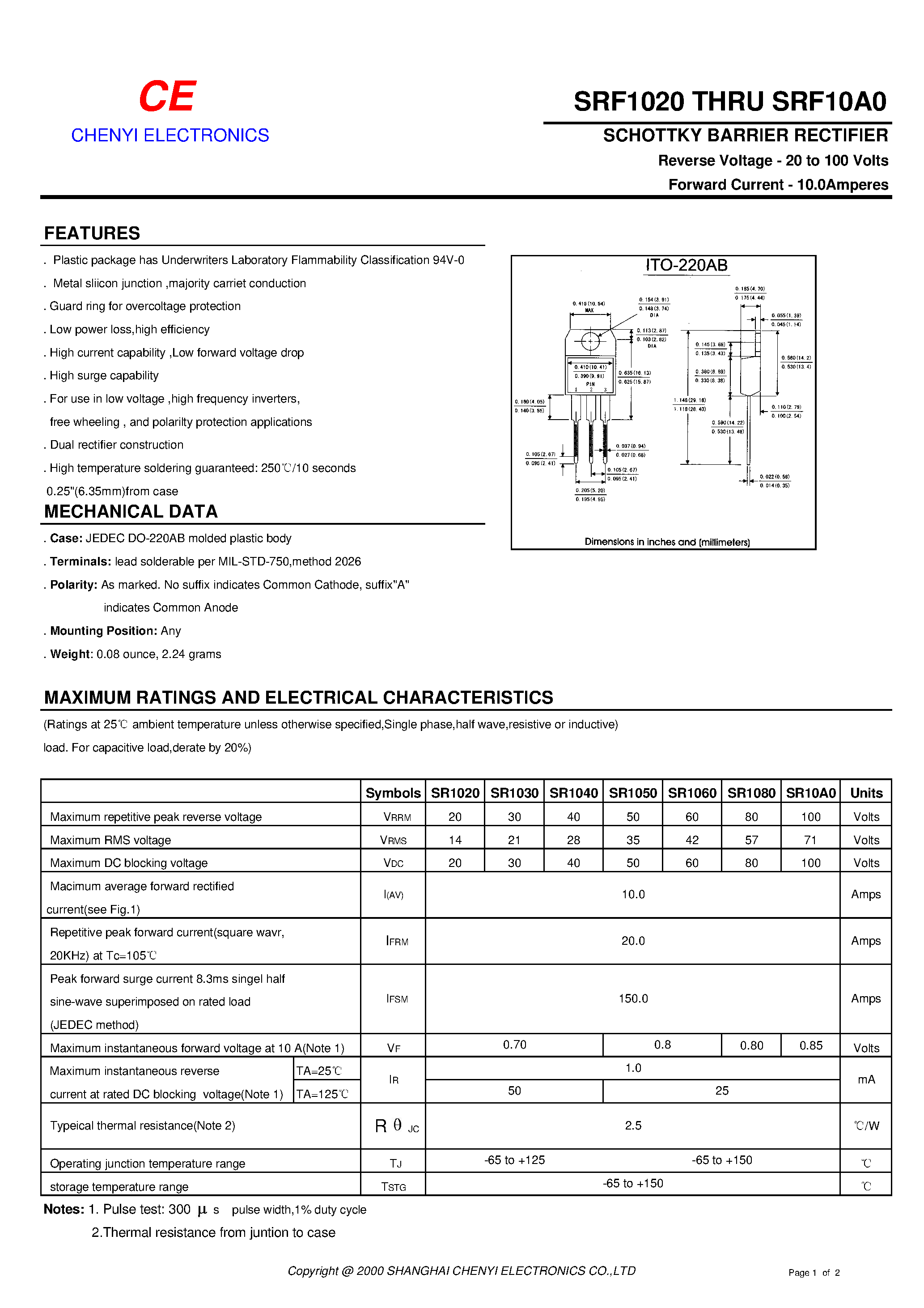 Datasheet SRF1020111111 page 1 Datasheet SRF1020111111 - SCHOTTKY BARRIER RECTIFIER page 1