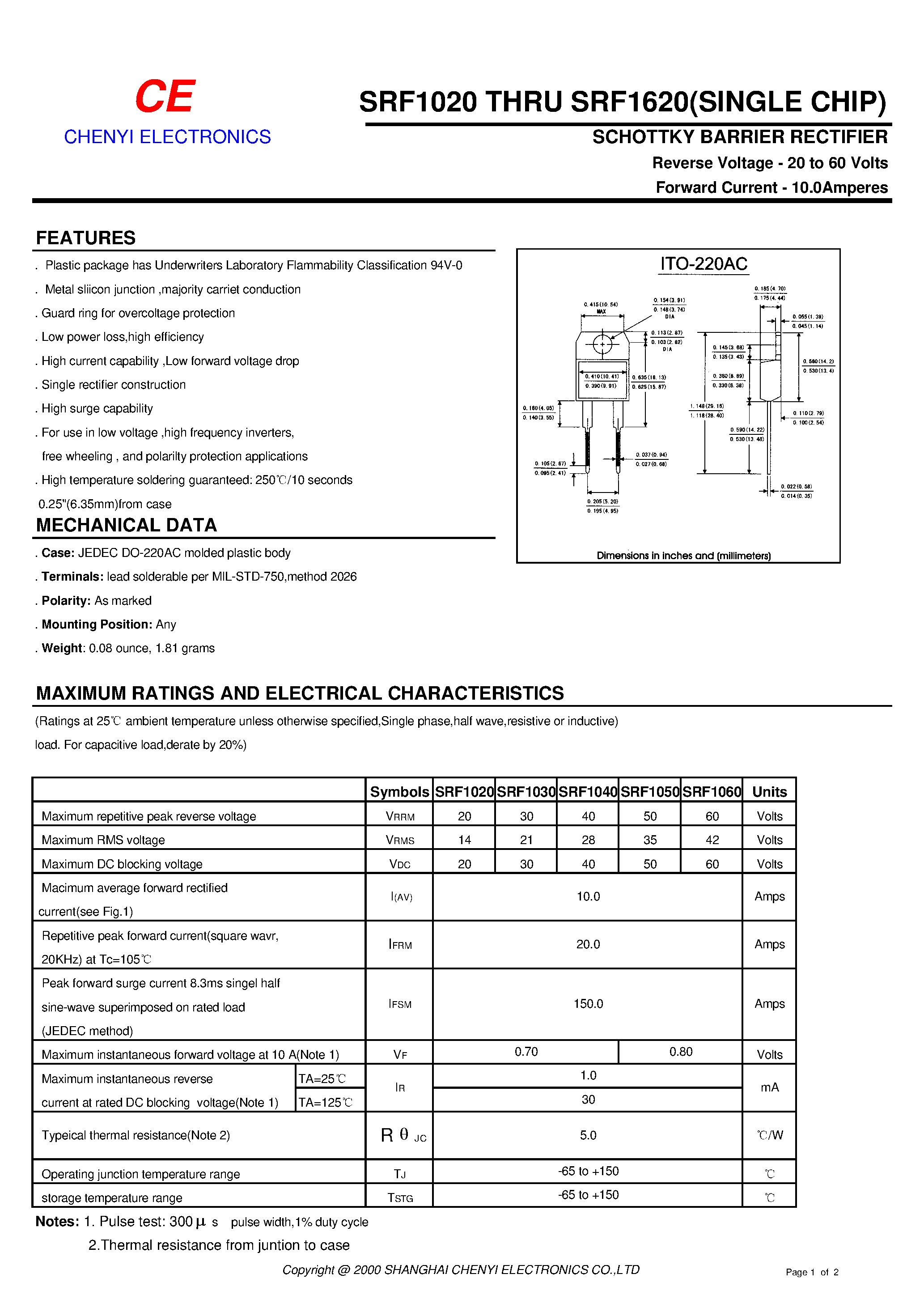 Datasheet SRF1040 - SCHOTTKY BARRIER RECTIFIER page 1