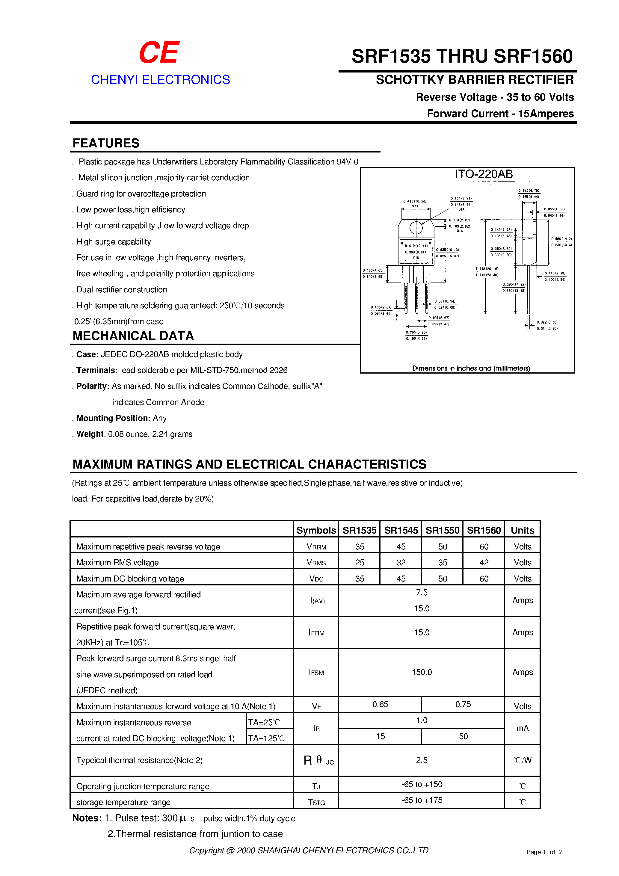 Datasheet SRF1535 - SCHOTTKY BARRIER RECTIFIER page 1