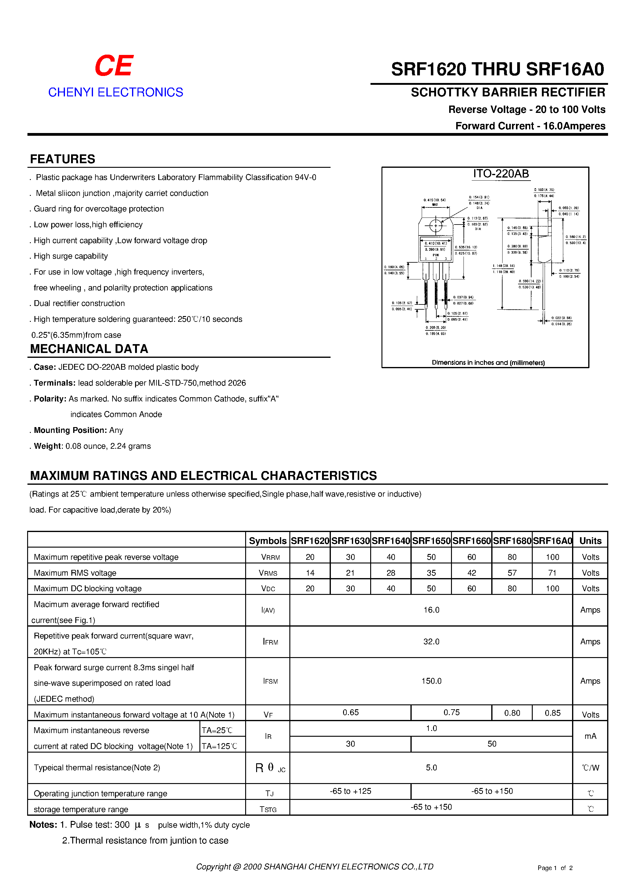 Datasheet SRF1650 - SCHOTTKY BARRIER RECTIFIER page 1