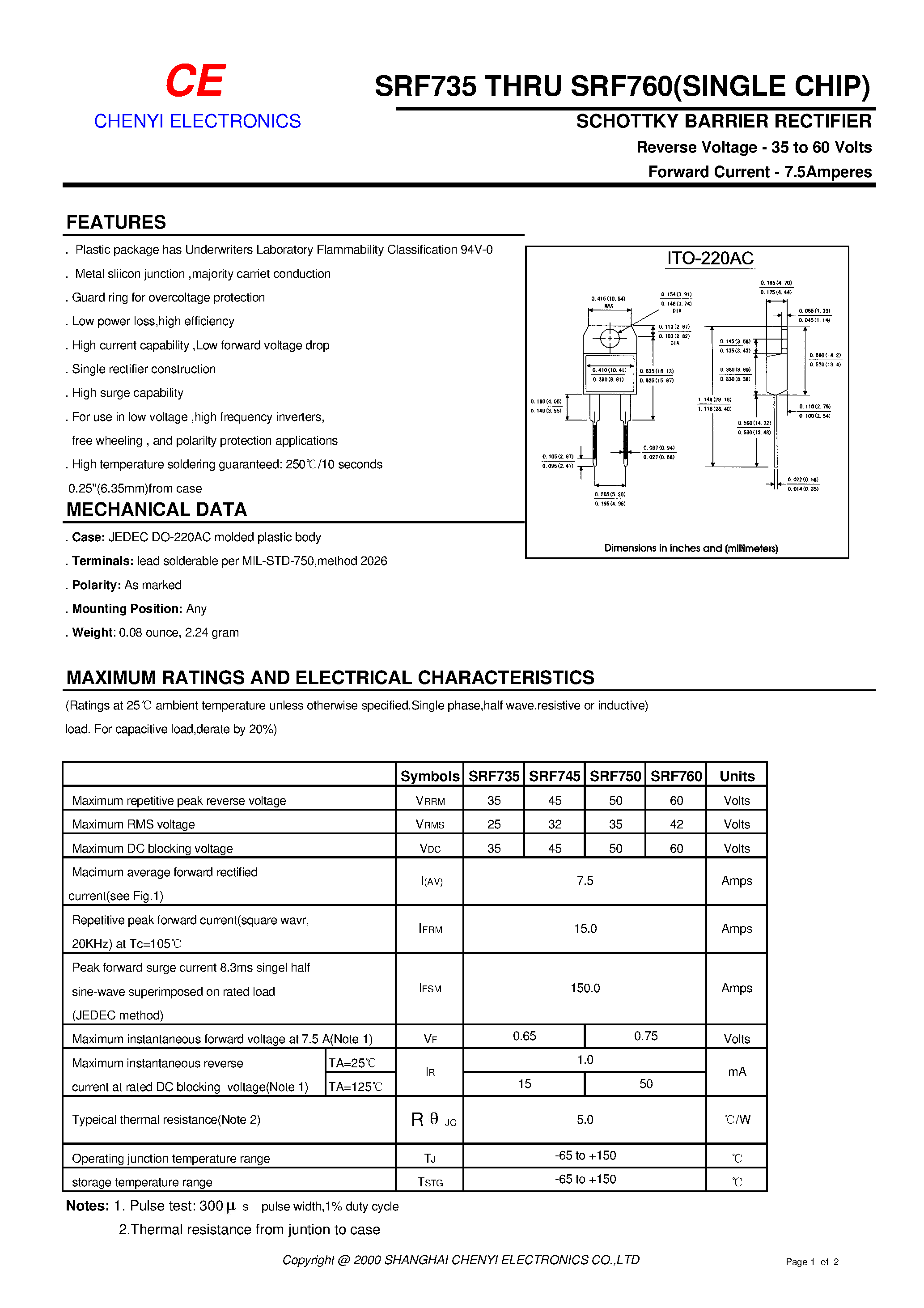 Datasheet SRF750 page 1 Datasheet SRF750 - SCHOTTKY BARRIER RECTIFIER page 1