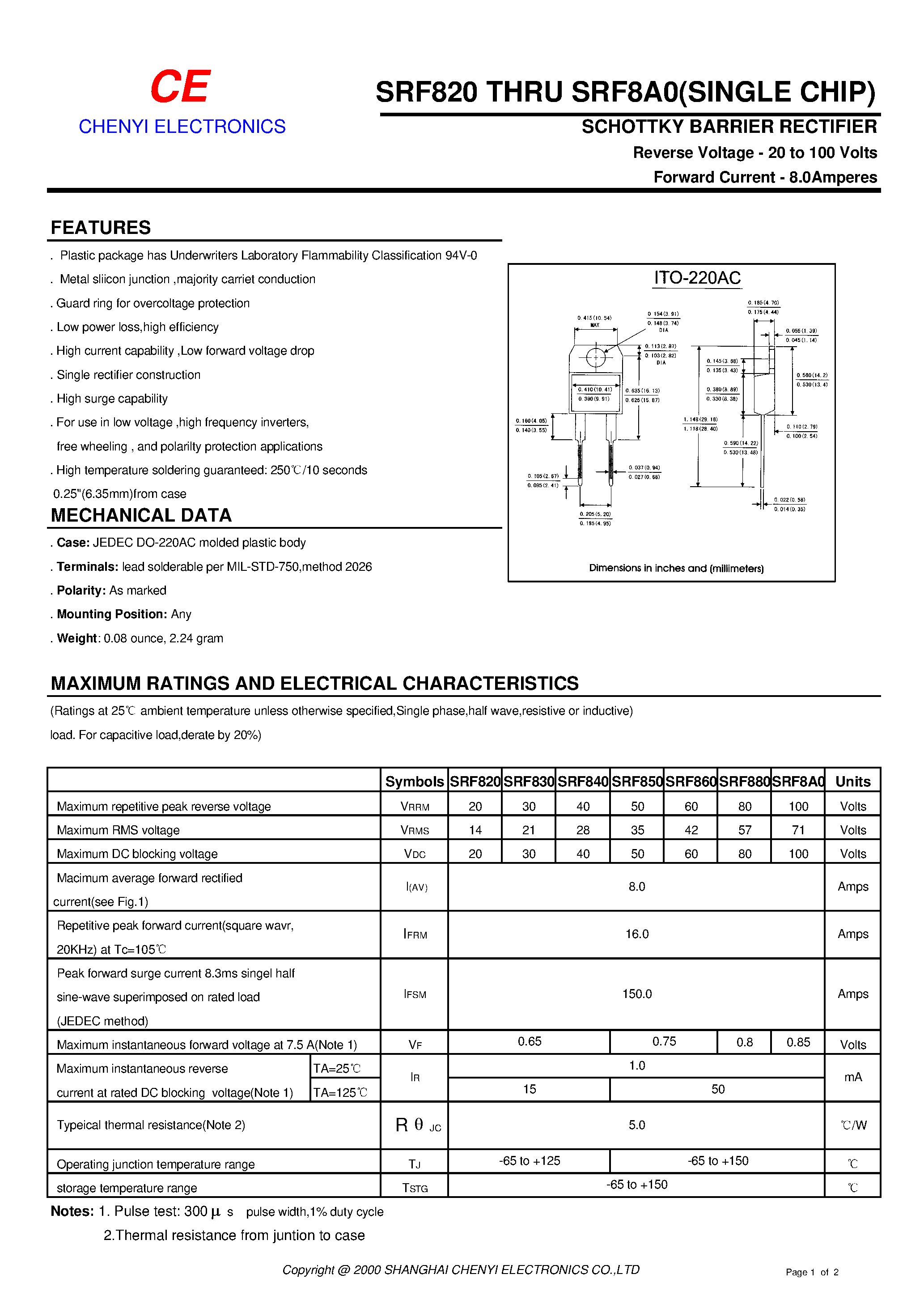 Datasheet SRF820 page 1 Datasheet SRF820 - SCHOTTKY BARRIER RECTIFIER page 1