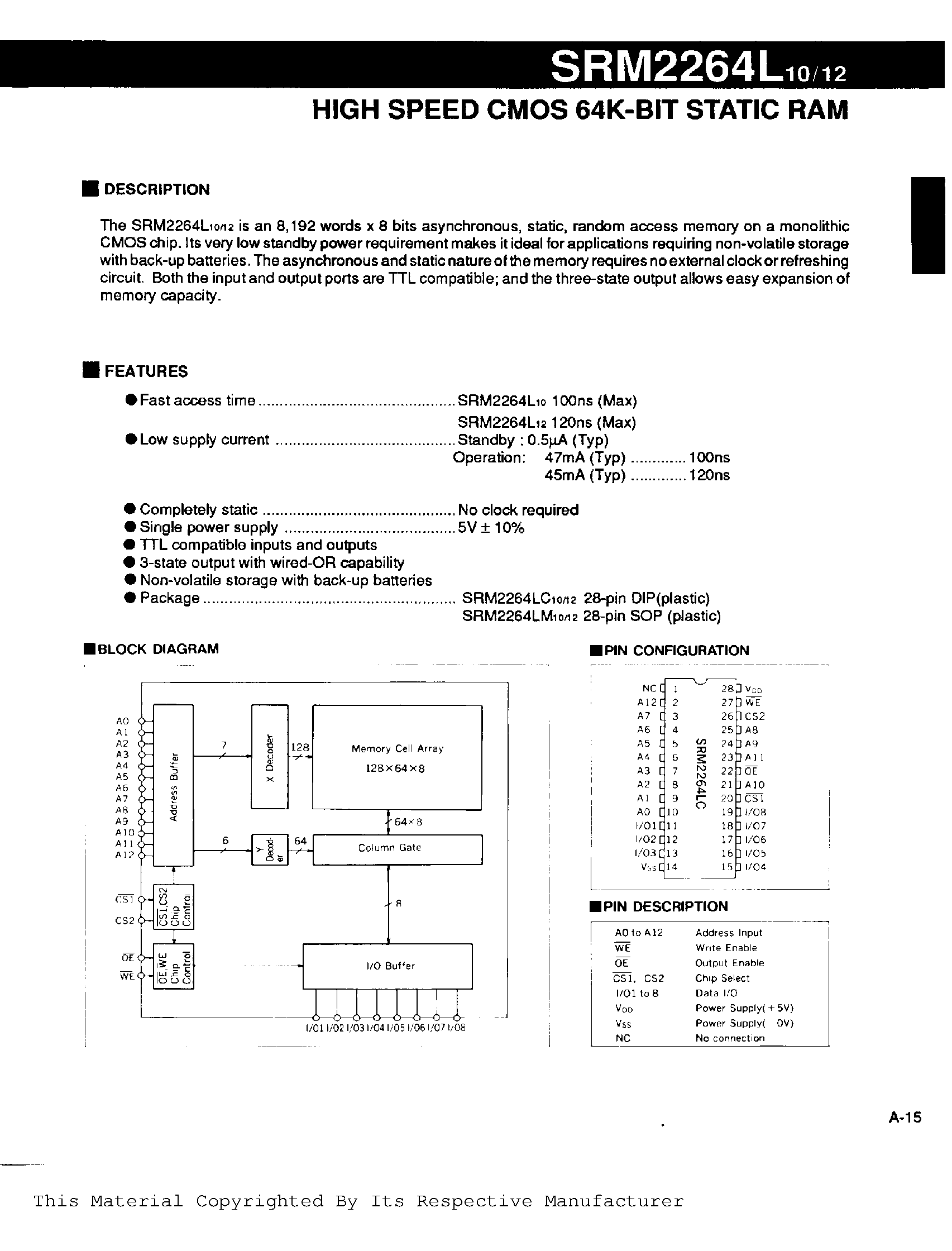 Даташит SRM2264L12 - HIGH SPEED CMOS 64K BIT STATIC RAM страница 1