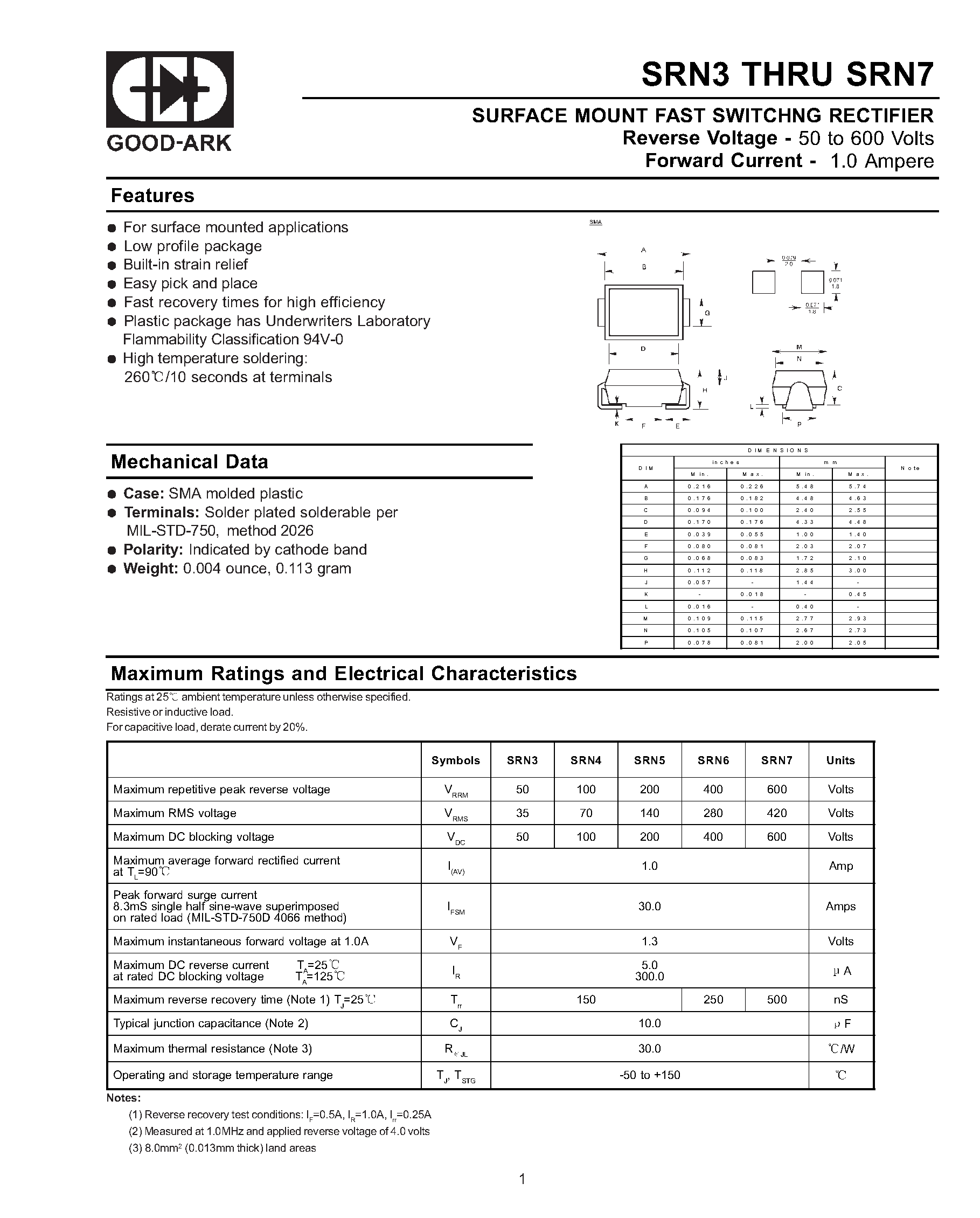 Datasheet SRN6 page 1 Datasheet SRN6 - SURFACE MOUNT FAST SWITCHNG RECTIFIER page 1