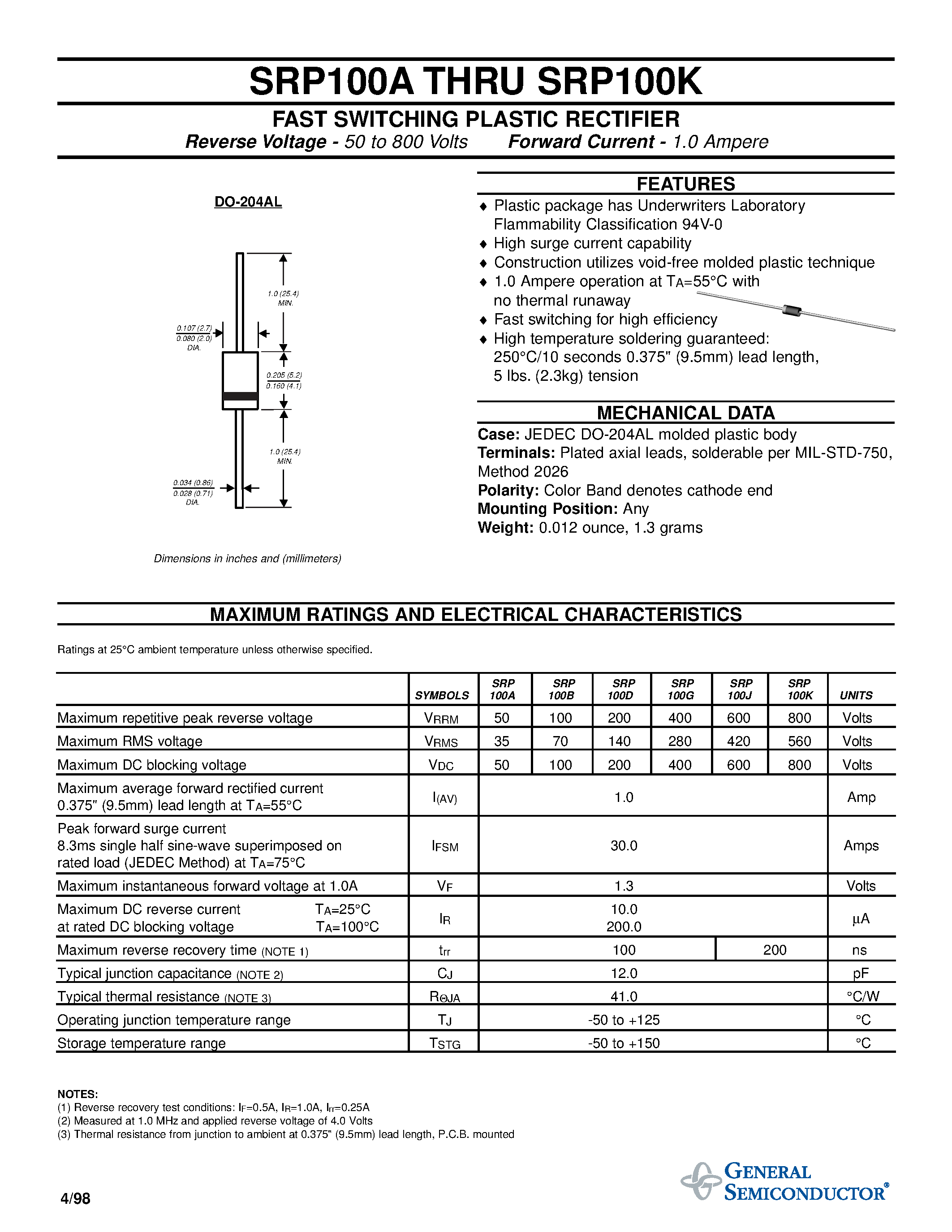 Datasheet SRP100G page 1 Datasheet SRP100G - FAST SWITCHING PLASTIC RECTIFIER page 1
