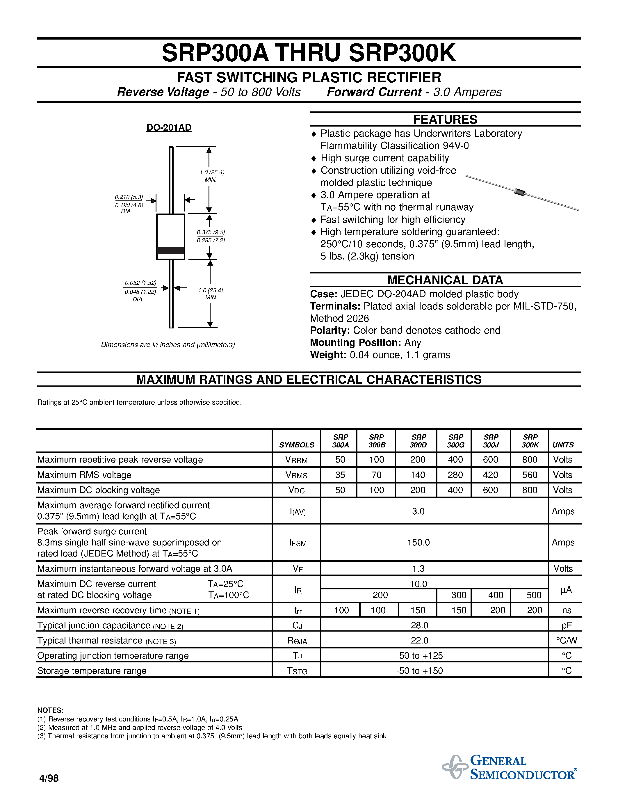 Datasheet SRP300K page 1 Datasheet SRP300K - FAST SWITCHING PLASTIC RECTIFIER page 1