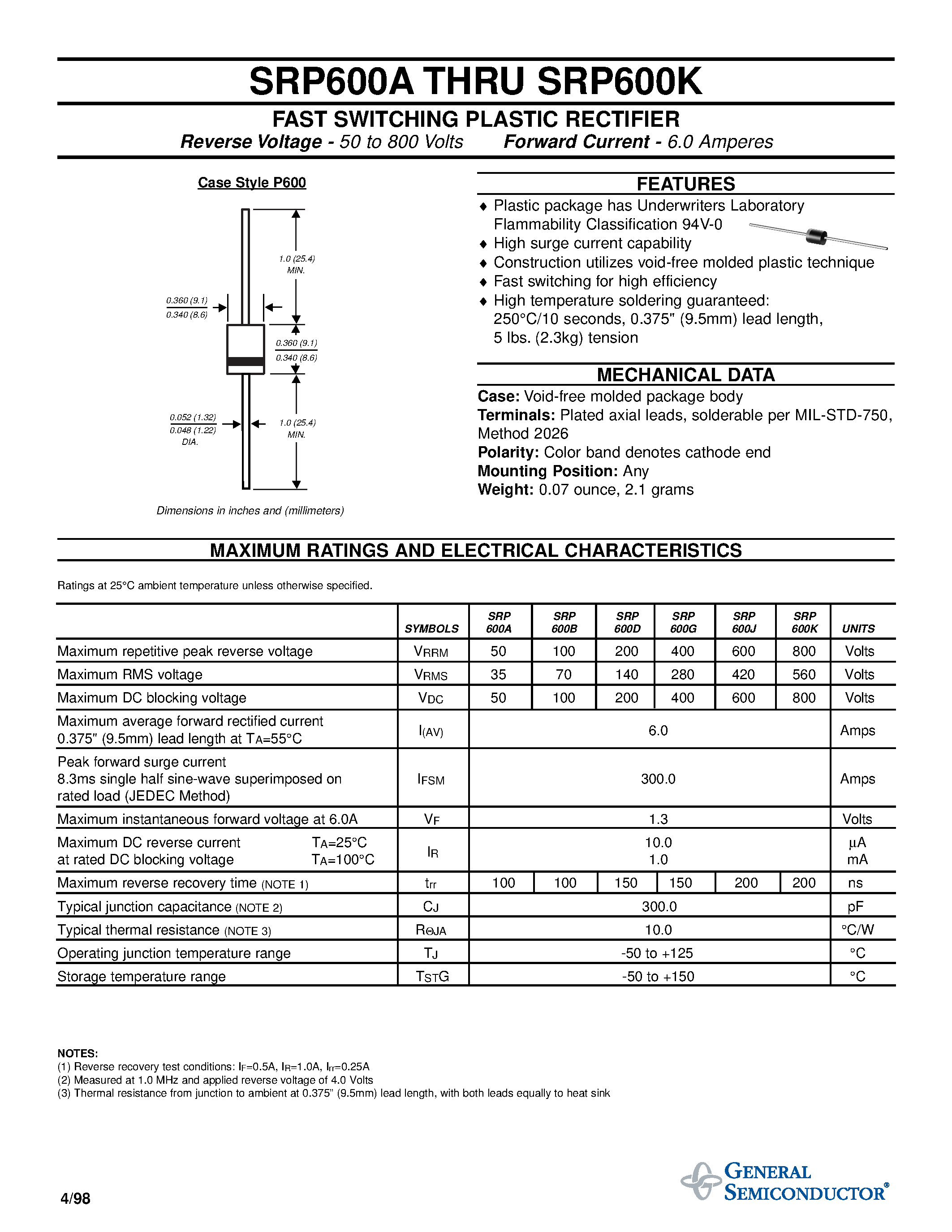 Datasheet SRP600K page 1 Datasheet SRP600K - FAST SWITCHING PLASTIC RECTIFIER page 1