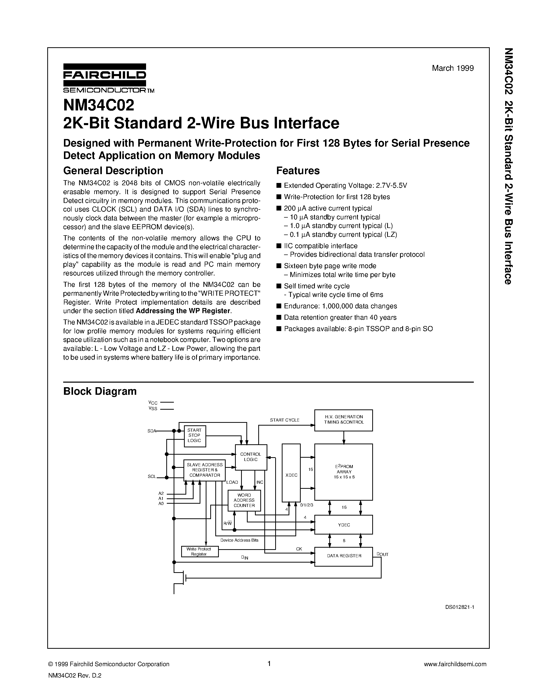 Datasheet NM34C02 - 2K-Bit Standard 2-Wire Bus Interface page 1