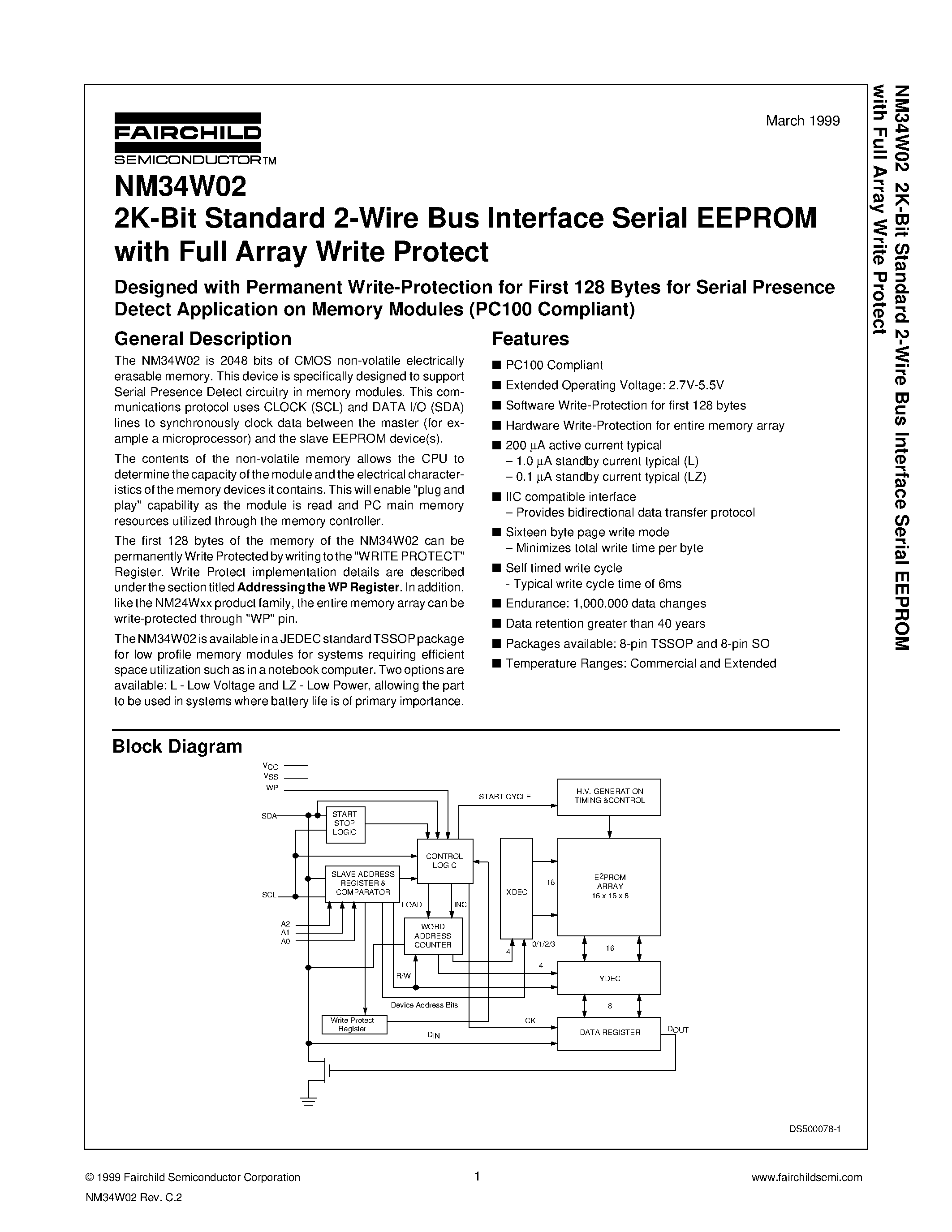Datasheet NM34W02 - 2K-Bit Standard 2-Wire Bus Interface Serial EEPROM with Full Array Write Protect page 1