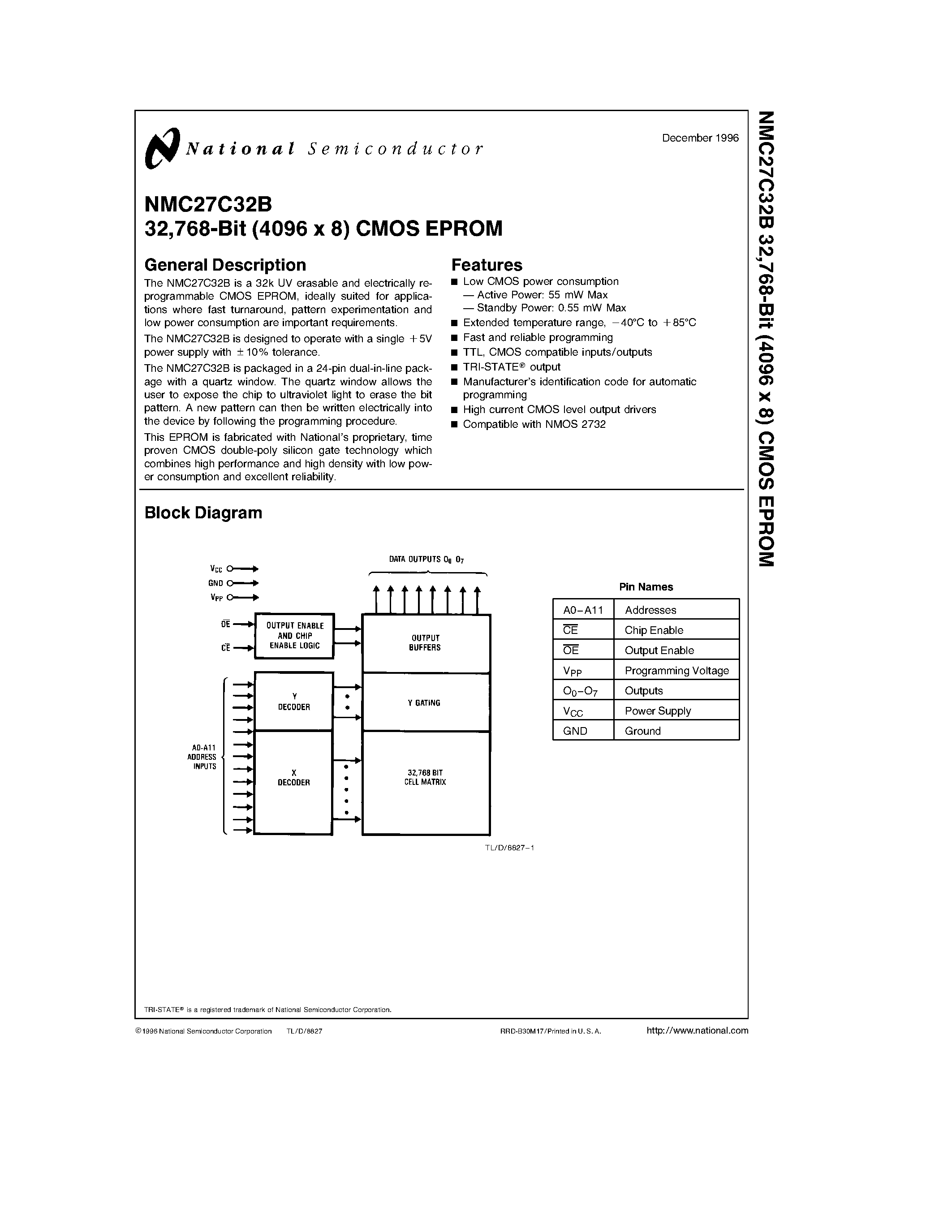 Datasheet NMC27C32B - 32 /768-Bit (4096 x 8) CMOS EPROM page 1
