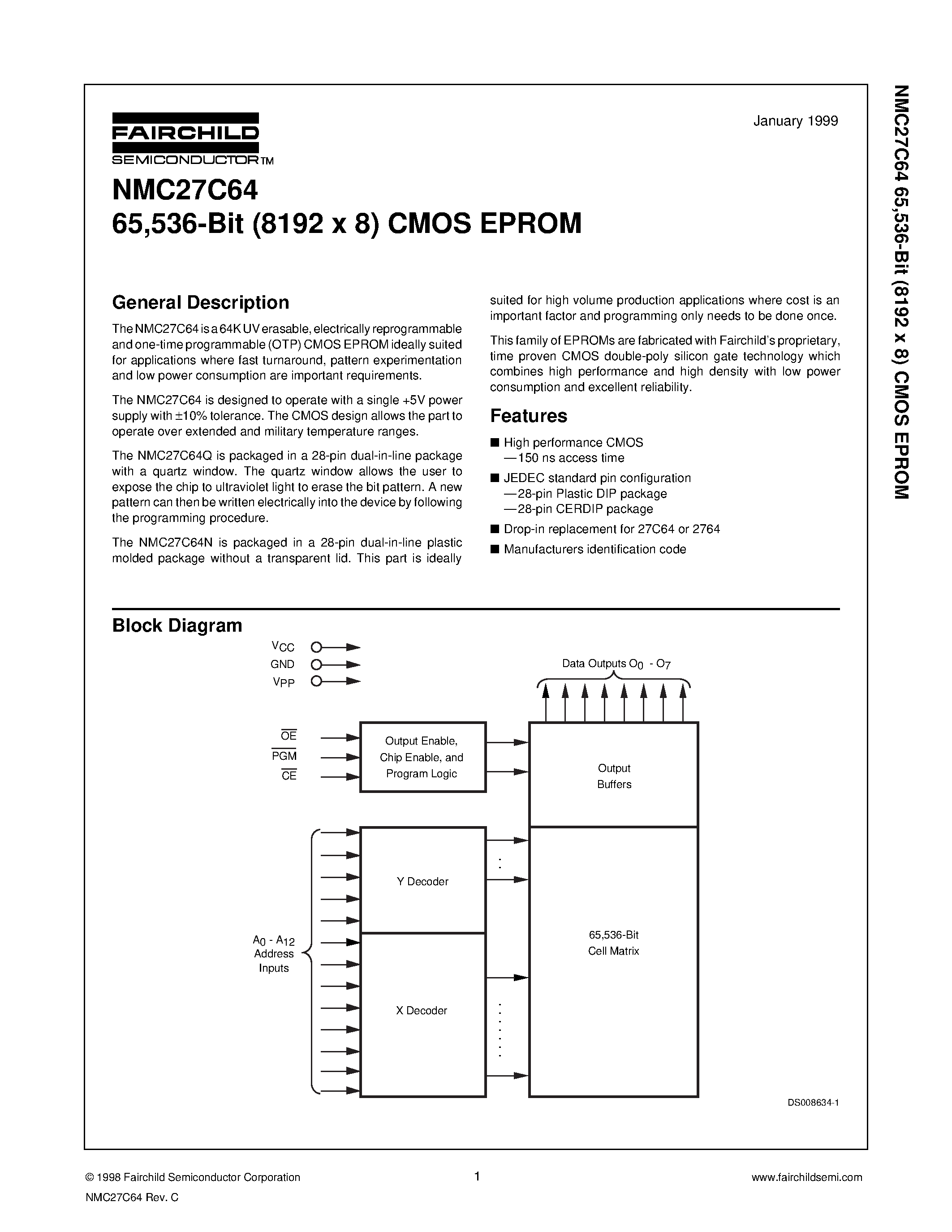 Datasheet NMC27C64 - 65 /536-Bit (8192 x 8) CMOS EPROM page 1
