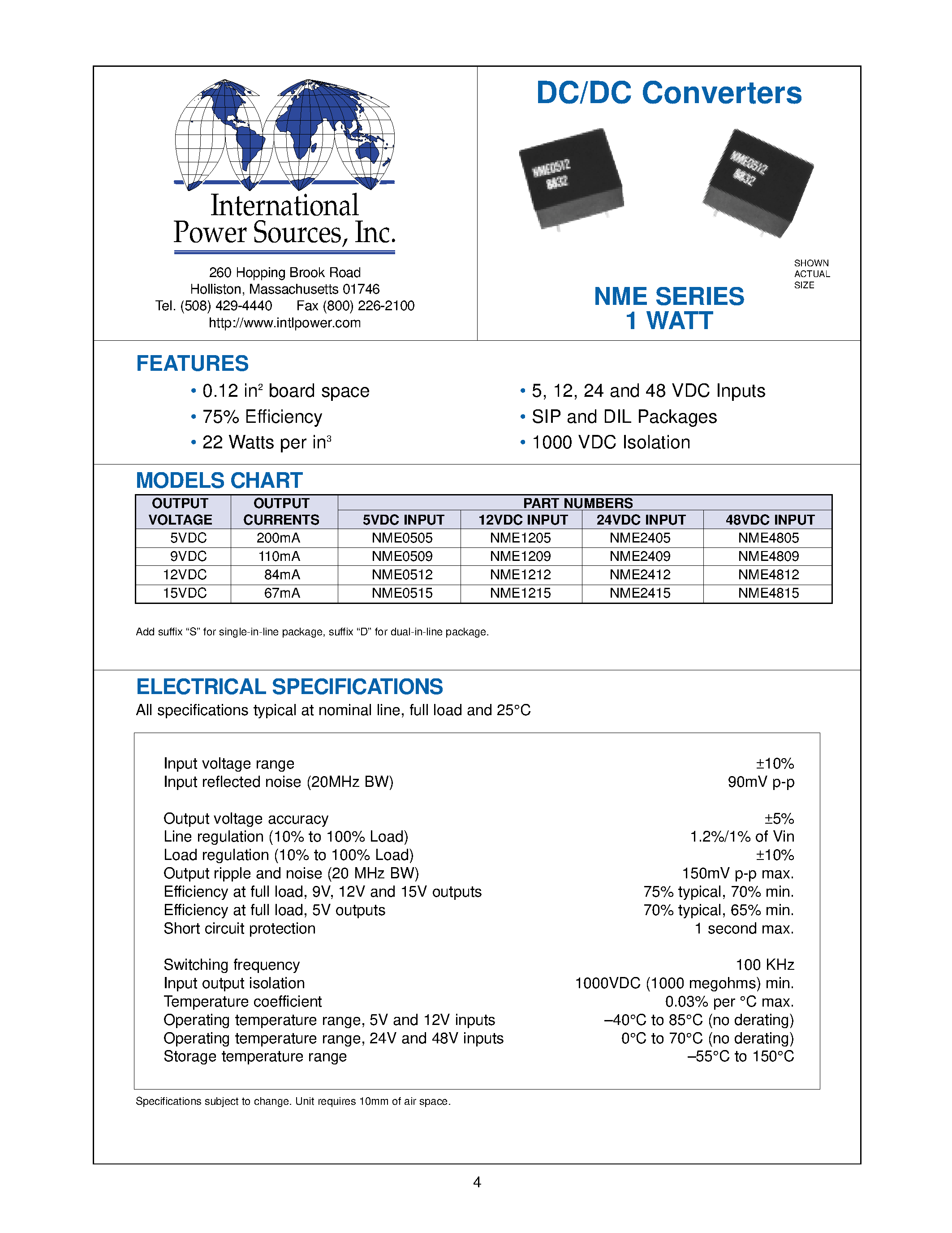 Datasheet NME4805 - DC/DC Converters NME SERIES 1 WATT page 1