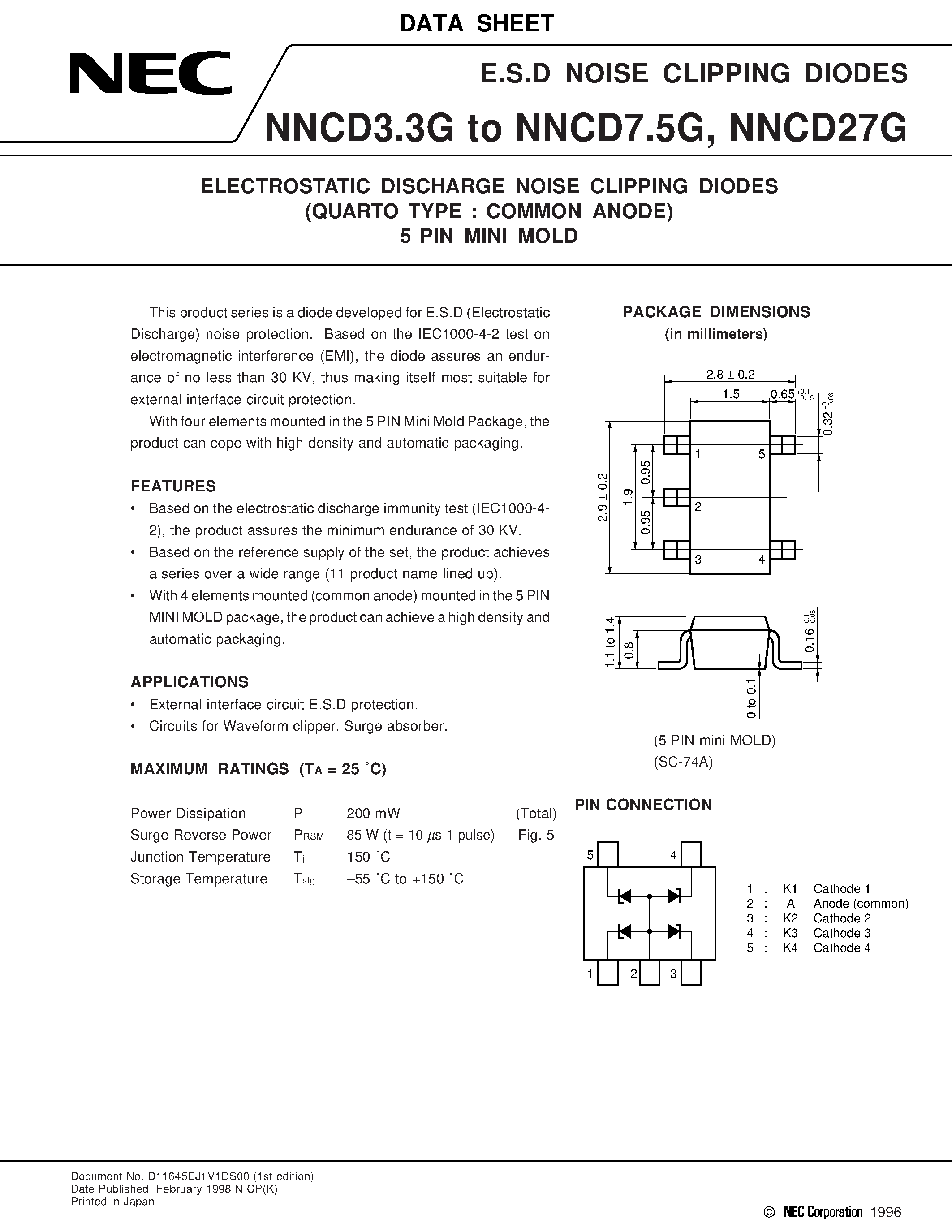 Даташит NNCD27G - ELECTROSTATIC DISCHARGE NOISE CLIPPING DIODES QUARTO TYPE : COMMON ANODE 5 PIN MINI MOLD страница 1