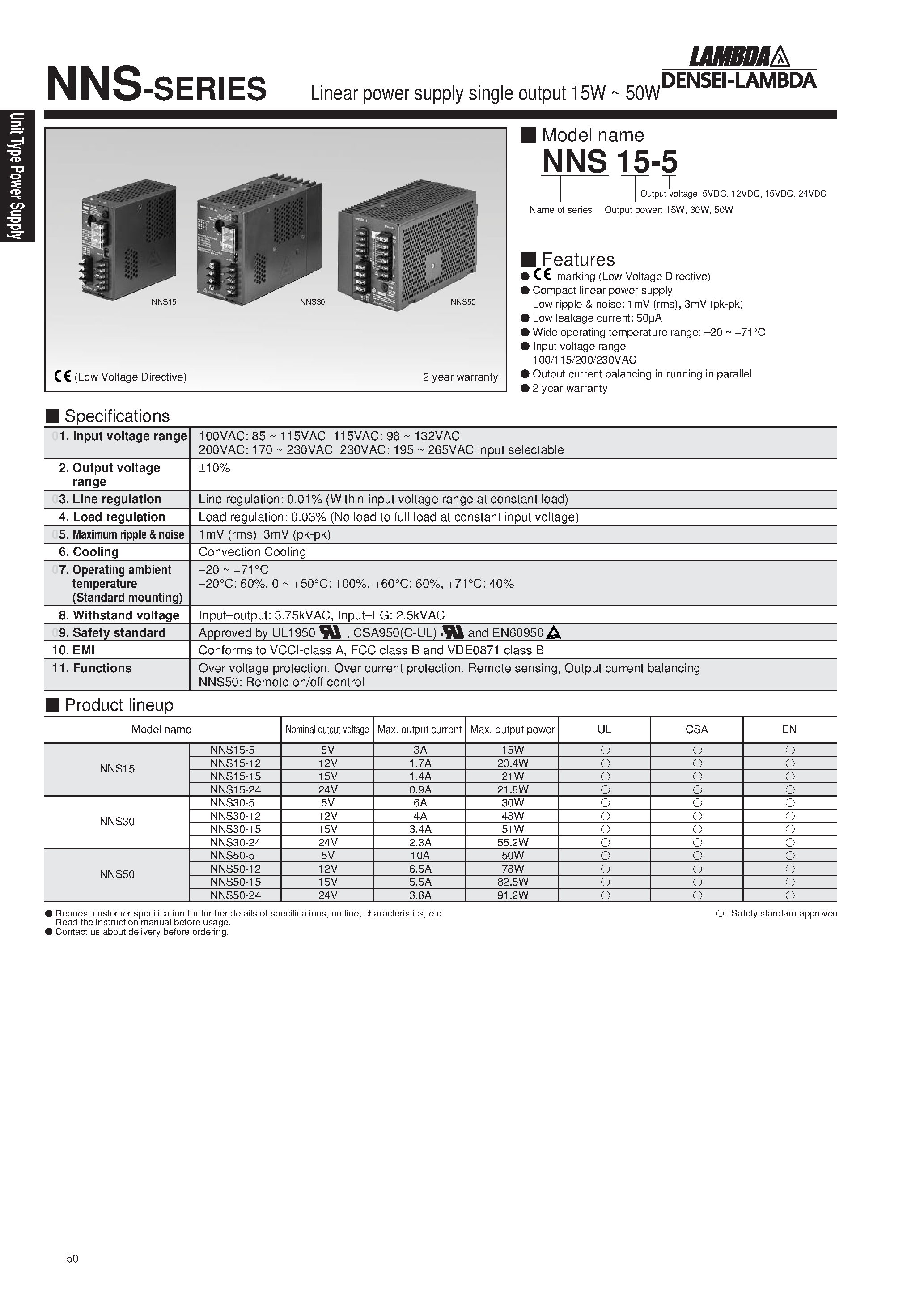 Даташит NNS50-5 - Linear power supply single output 15W ~ 50W страница 1